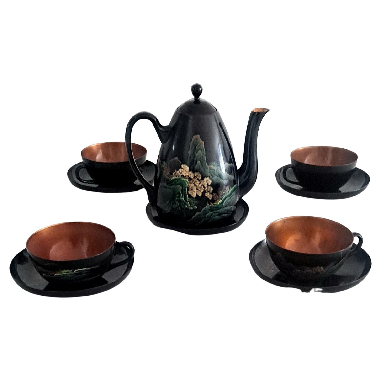 Art Deco tea set made of the chary wood .Artisan antique work and hand painted 
 Weight of the set is about 1.5 Lb .( 750 grams ).