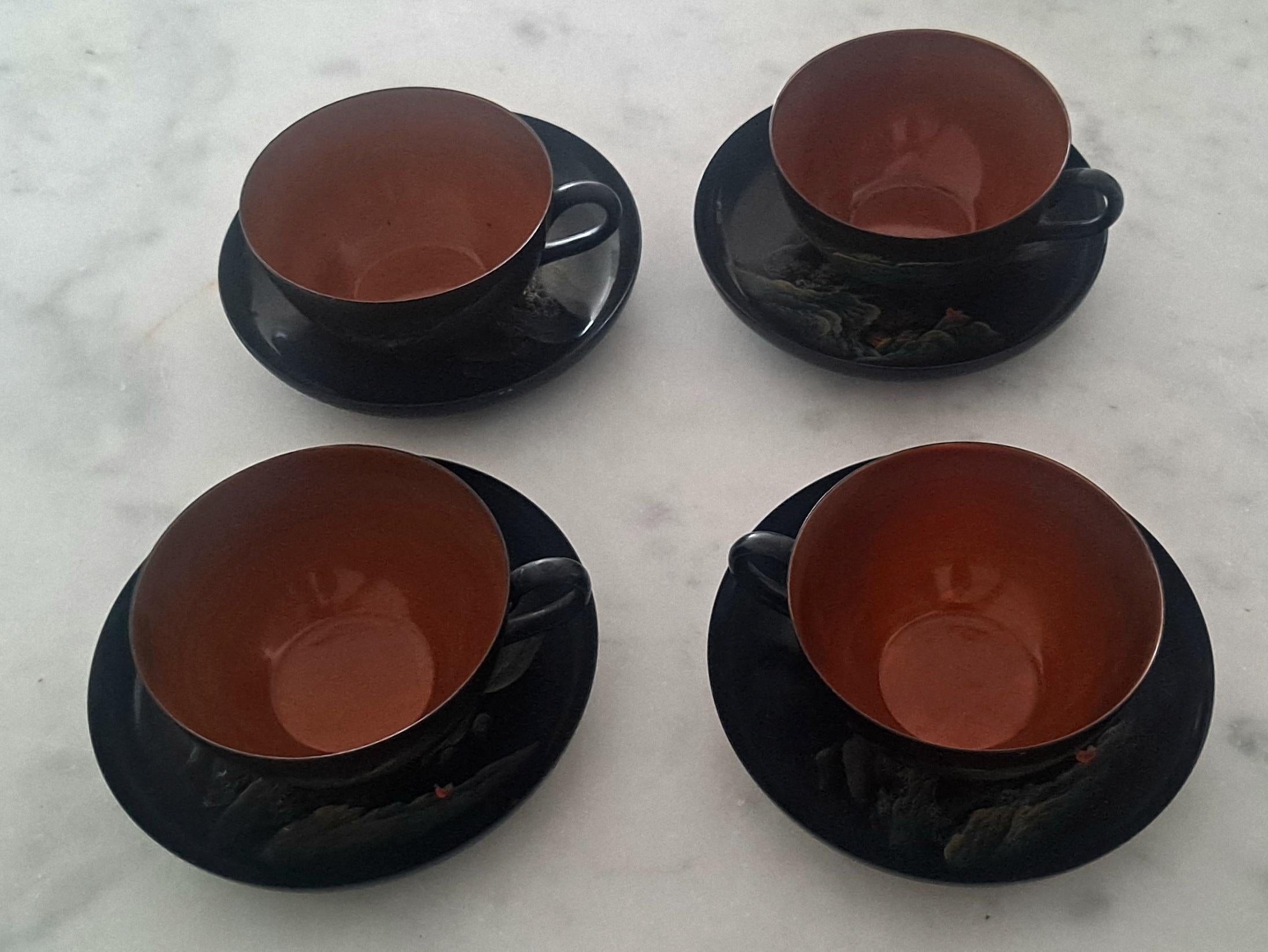 Japanisches Art-Déco-Teeservice für vier Personen, Art déco (Obstholz) im Angebot