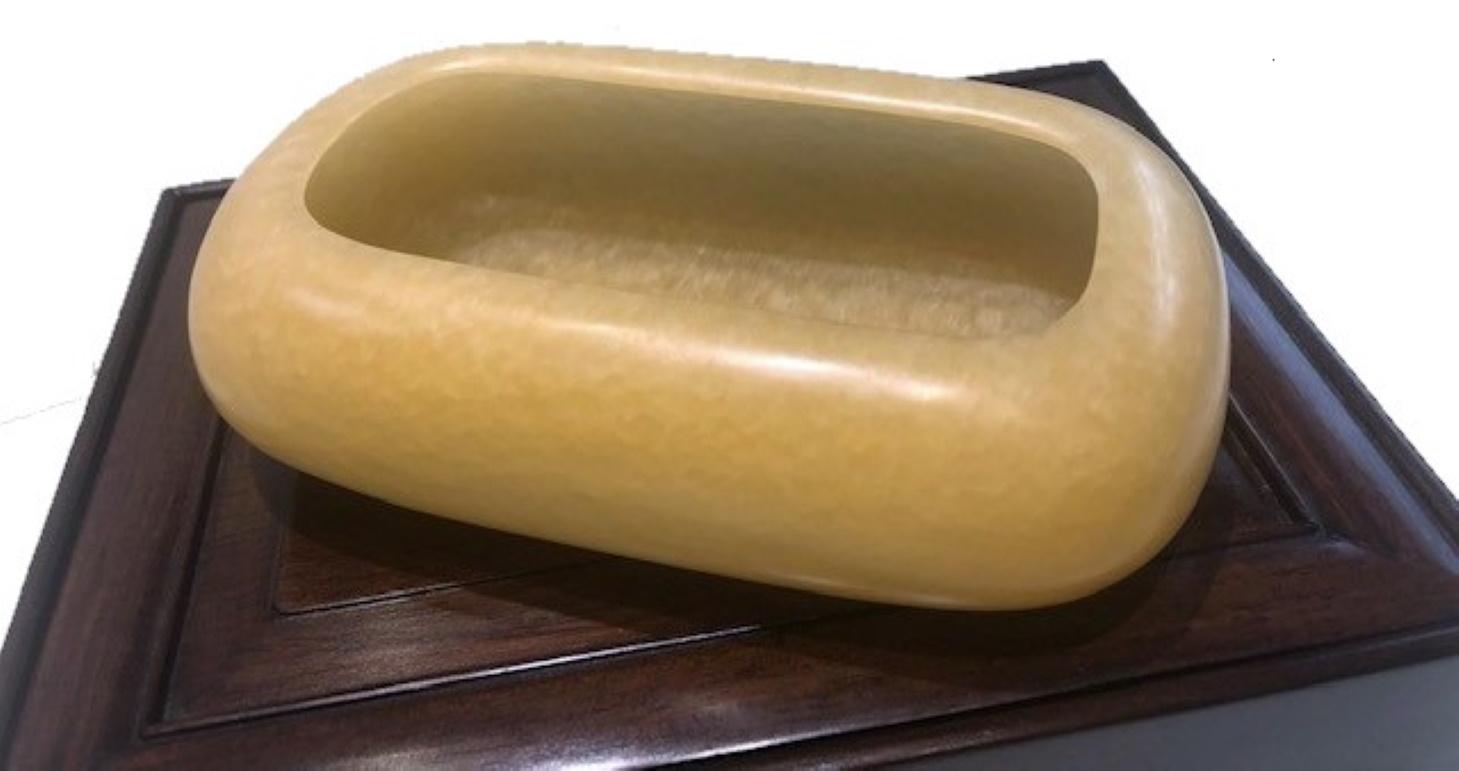 Japanese Art Deco, Yellow Stone Vessel in Wood and Silk Presentation Box 5