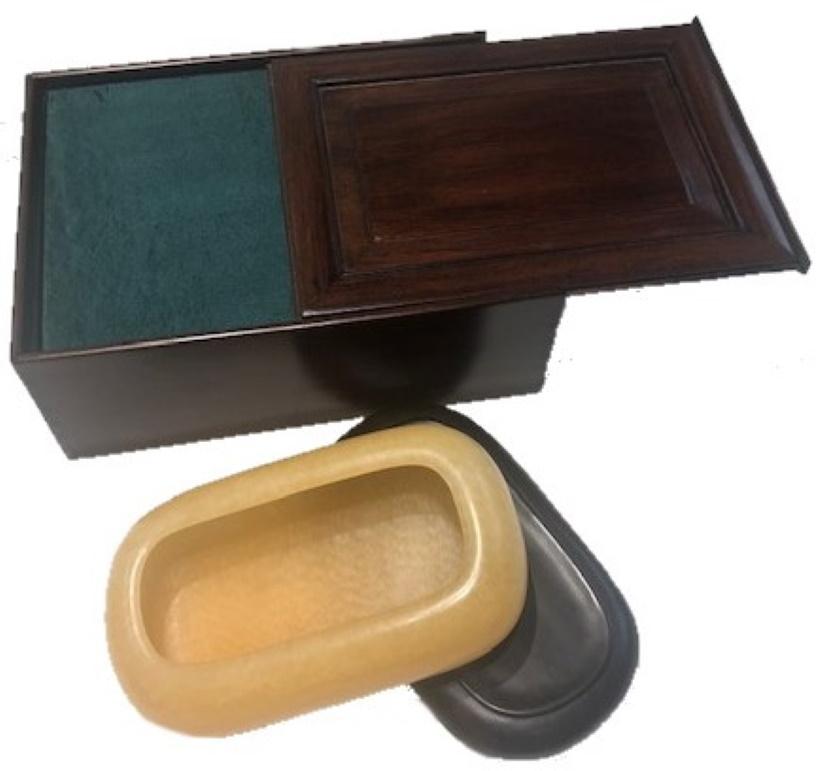 Hand-Carved Japanese Art Deco, Yellow Stone Vessel in Wood and Silk Presentation Box