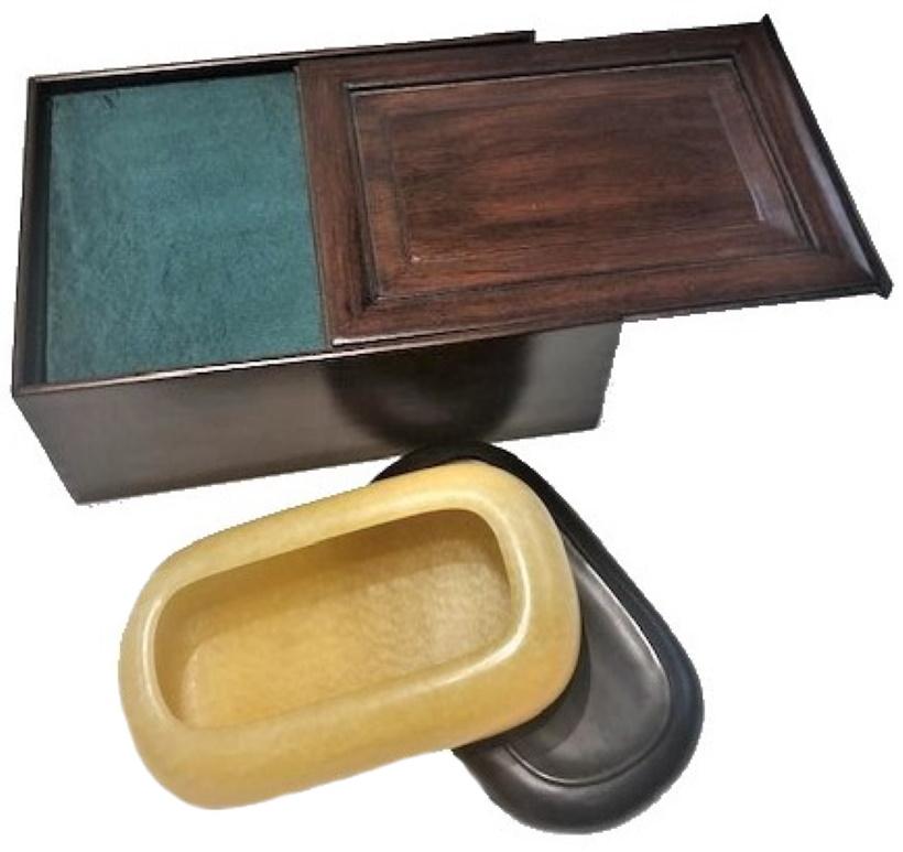 Mid-20th Century Japanese Art Deco, Yellow Stone Vessel in Wood and Silk Presentation Box