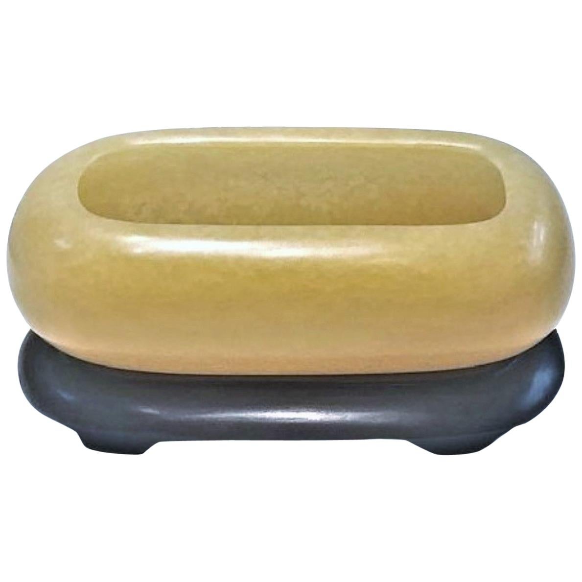 Japanese Art Deco, Yellow Stone Vessel in Wood and Silk Presentation Box