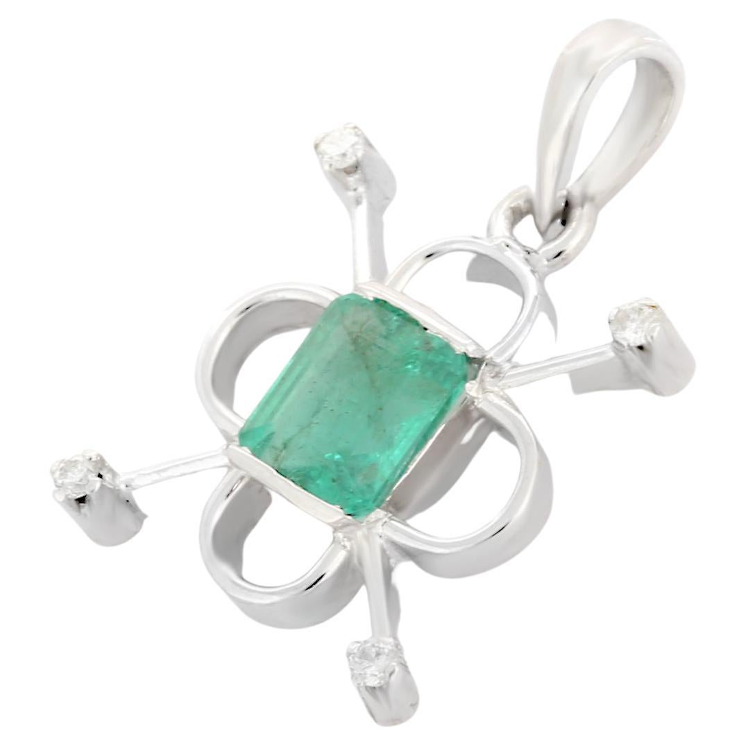 Japanese Art Design Emerald Diamond Pendant in 18K White Gold For Sale