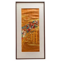 Japanese Kimono Art / Embroidered Wall Art -Peony Bridge-