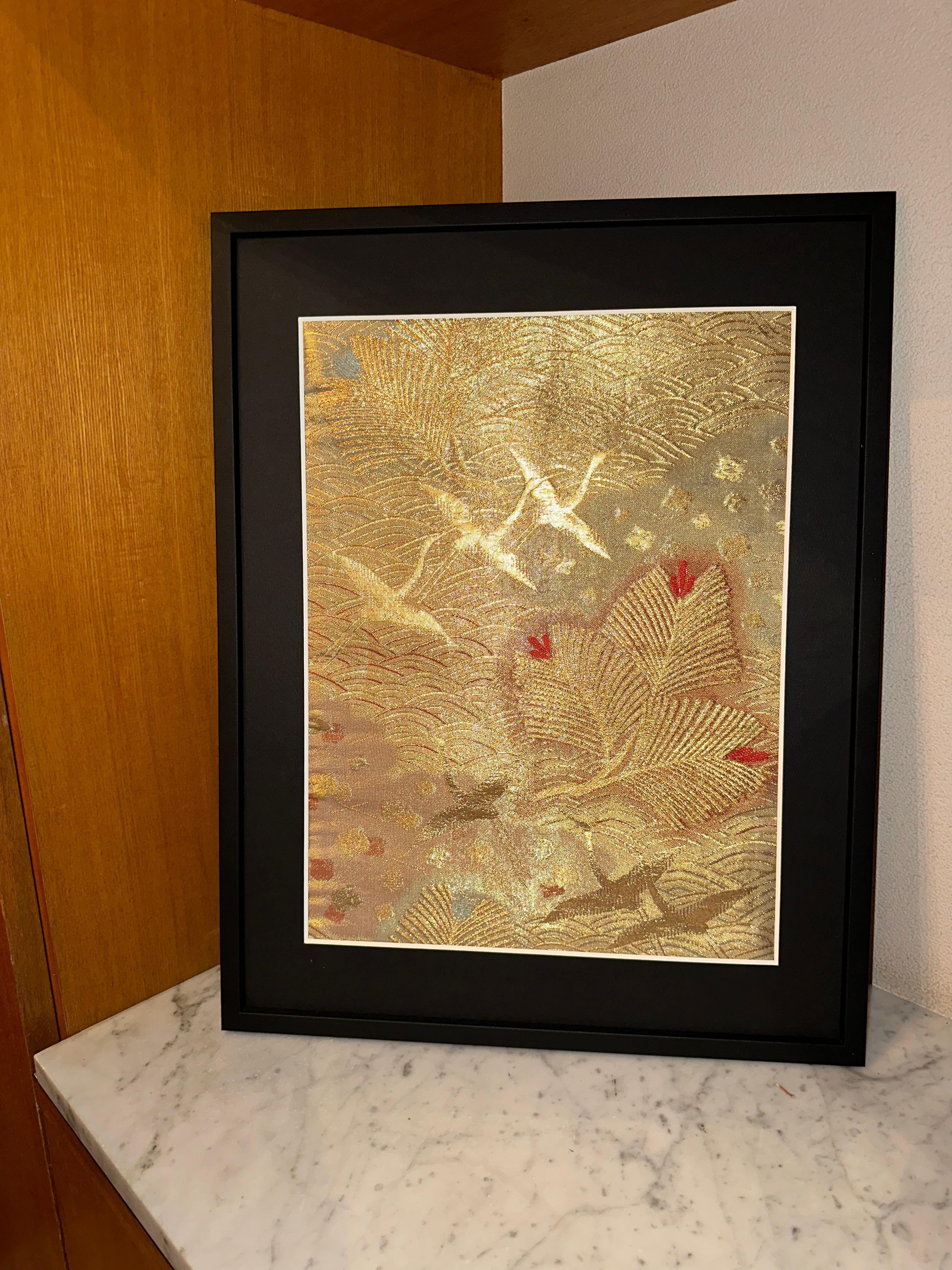 Hand-Crafted Japanese Kimono Art / Embroidered Wall Art, the Grateful Crane For Sale