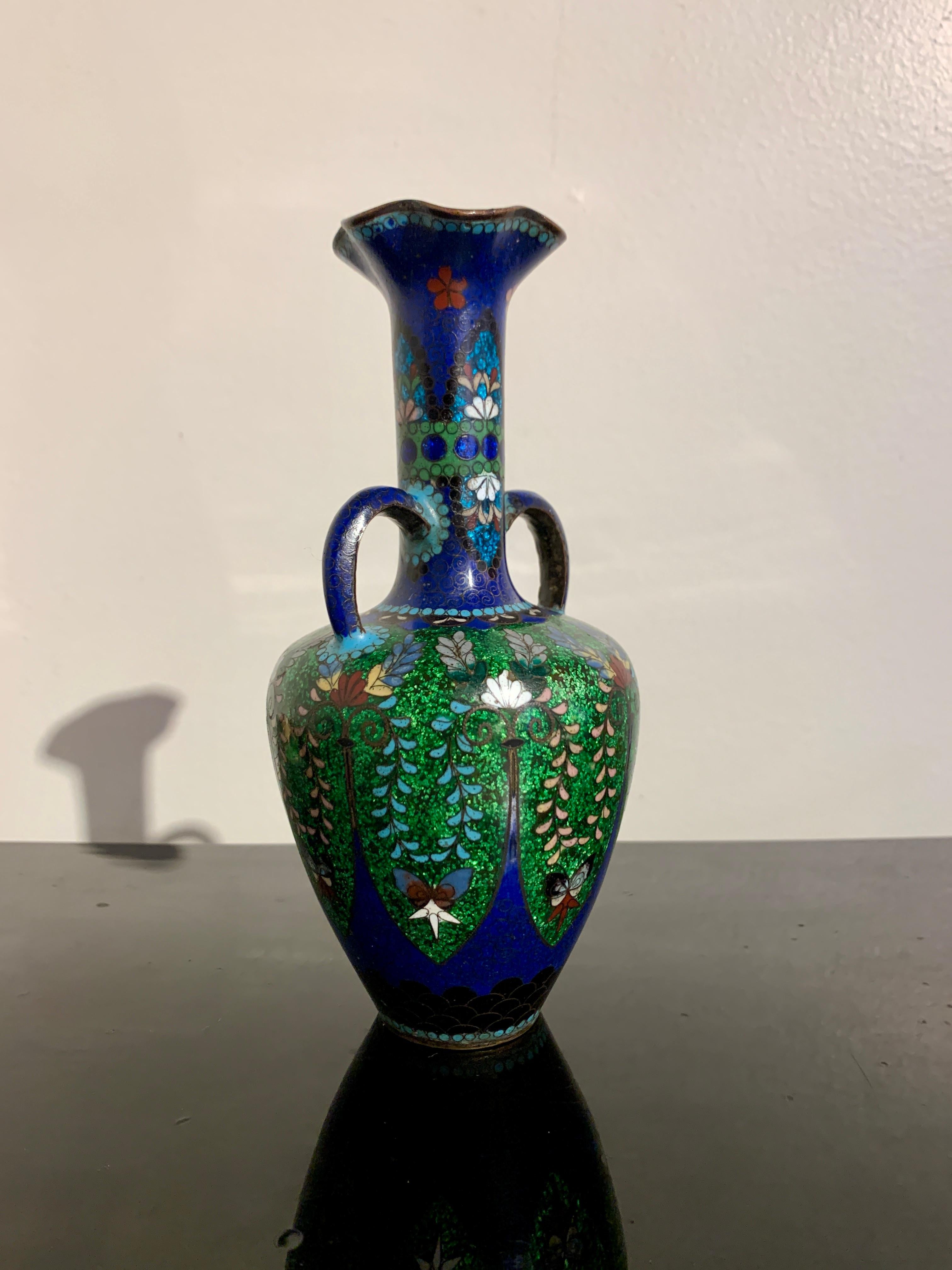 Copper Japanese Art Nouveau Cloisonne and Ginbari Amphora Vase, Meiji Period, Japan For Sale