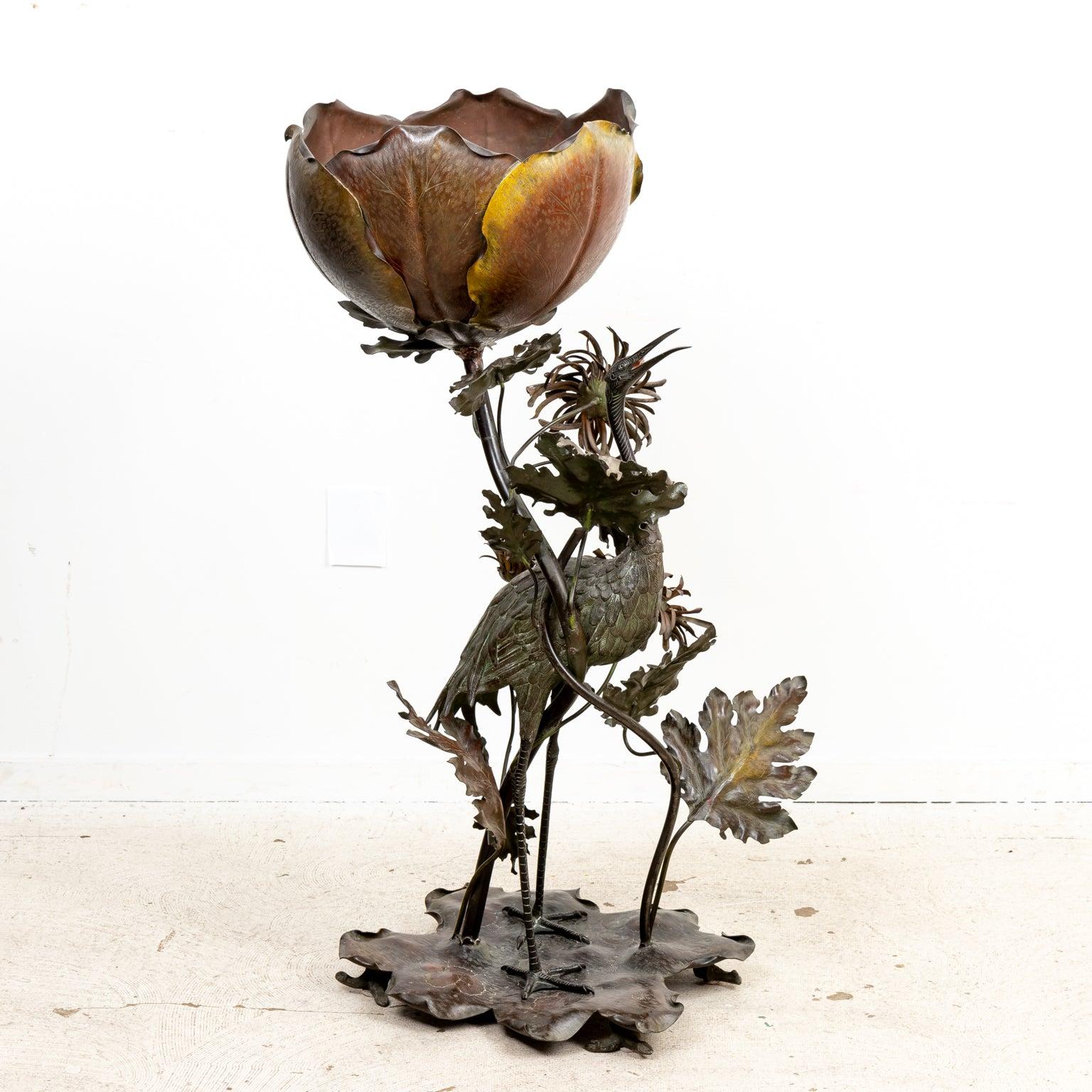 Japanese Art Nouveau Cold Painted Bronze Crane with Mums and Lilly Pad Flower For Sale 5