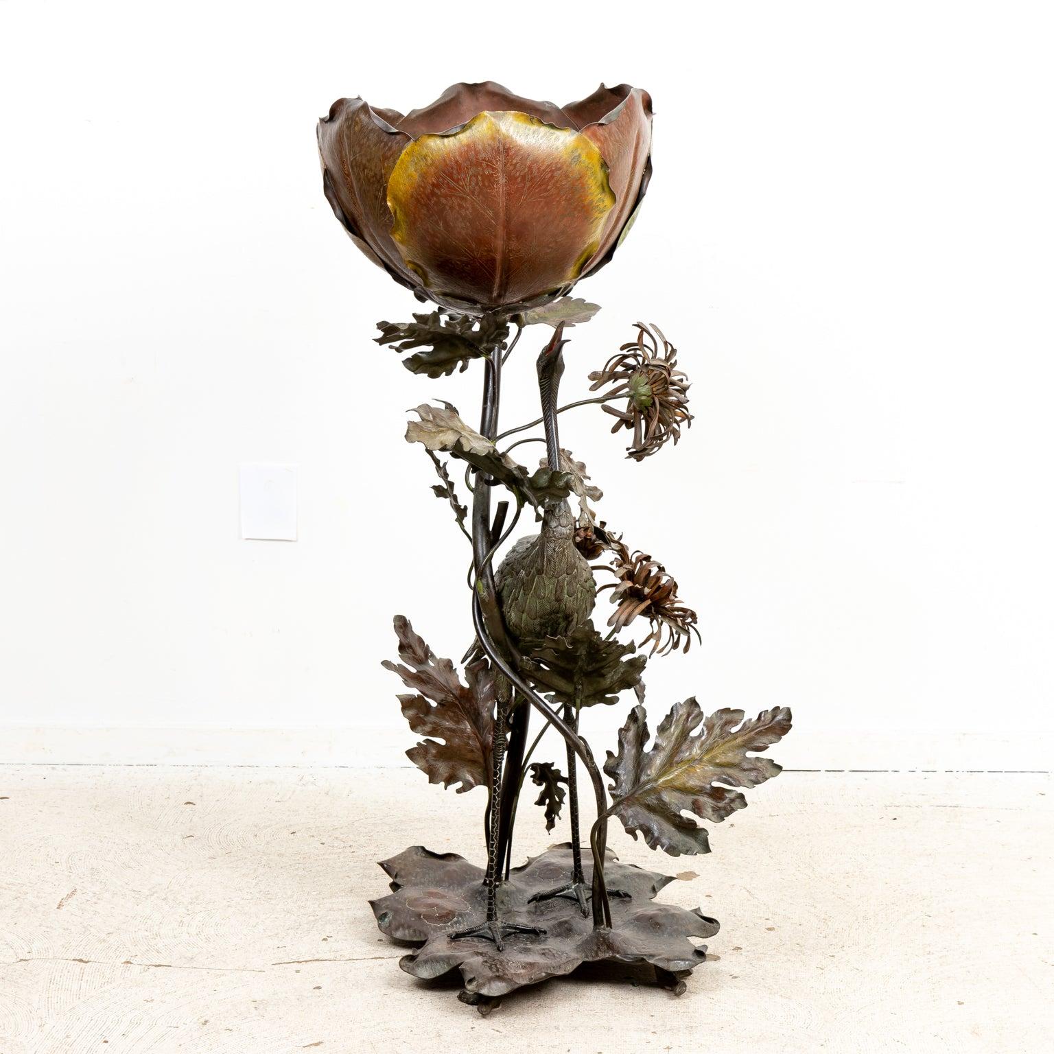 Japanese Art Nouveau Cold Painted Bronze Crane with Mums and Lilly Pad Flower For Sale 6