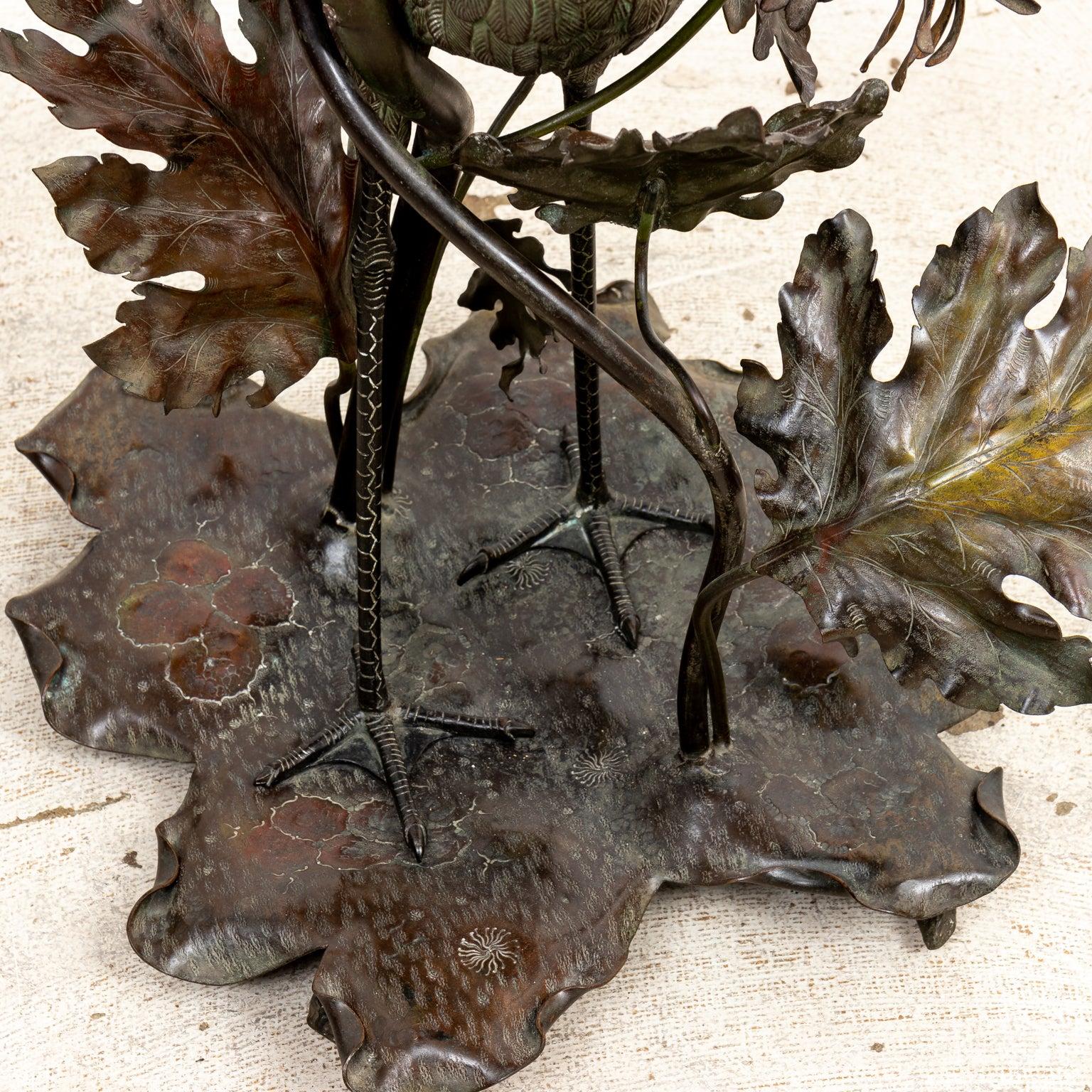 Japanese Art Nouveau Cold Painted Bronze Crane with Mums and Lilly Pad Flower For Sale 7