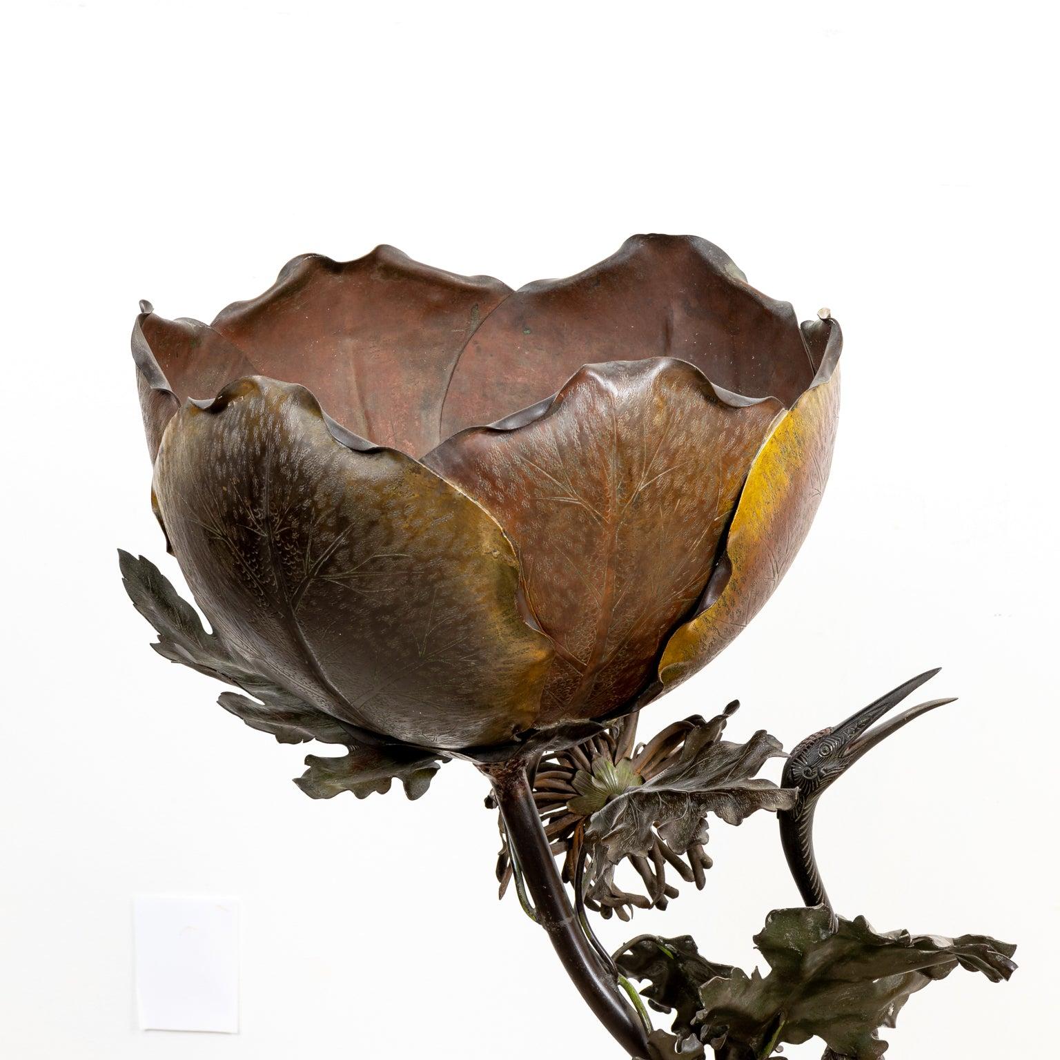 Japanese Art Nouveau cold painted bronze crane standing on lily pad base With Large Mums. Please note of wear consistent with age.