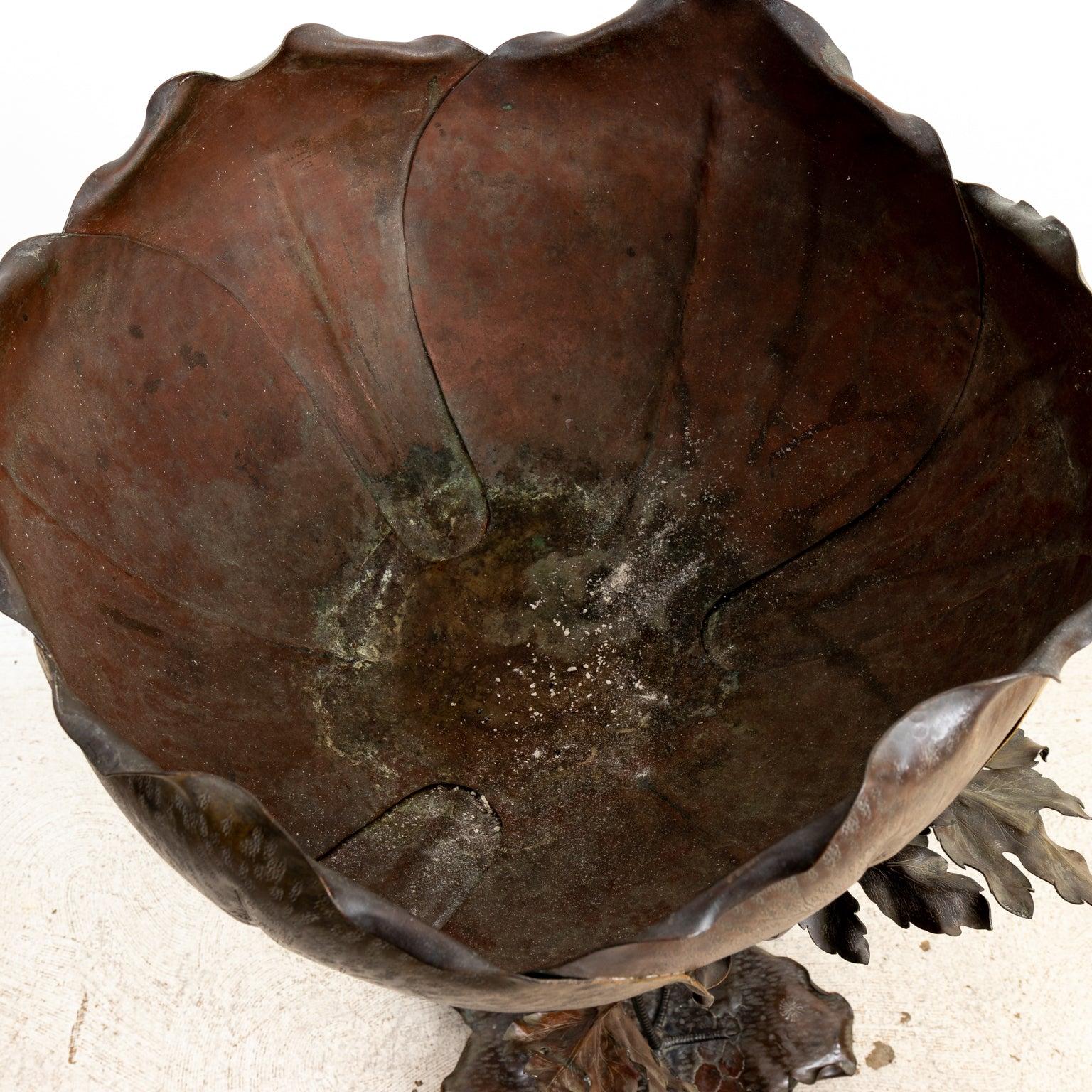 Japanese Art Nouveau Cold Painted Bronze Crane with Mums and Lilly Pad Flower For Sale 4