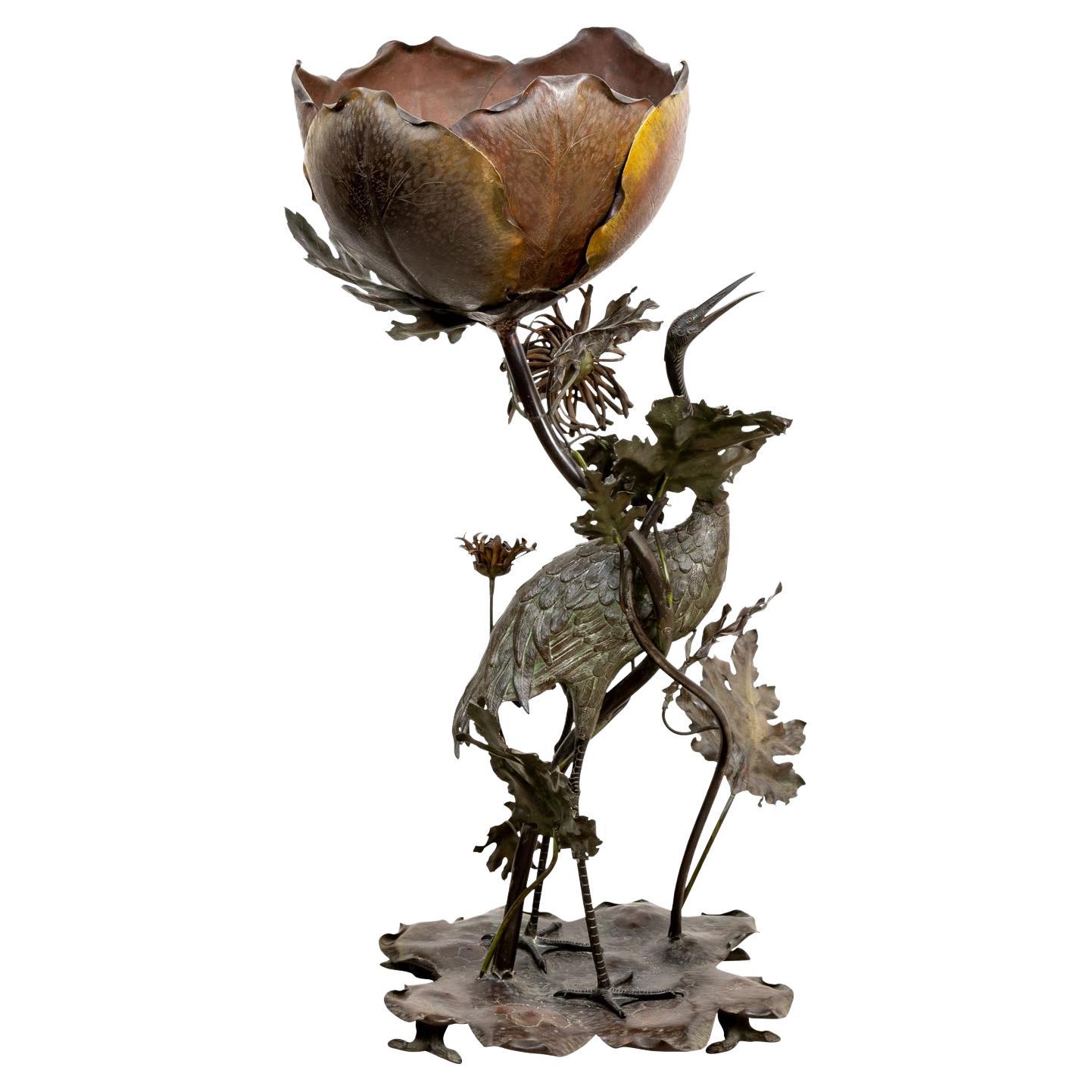 Japanese Art Nouveau Cold Painted Bronze Crane with Mums and Lilly Pad Flower For Sale