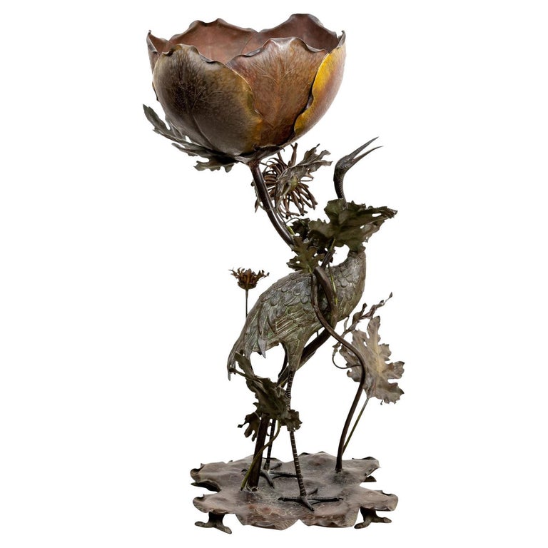 Japanese Art Nouveau Cold Painted Bronze Crane with Mums and Lilly Pad