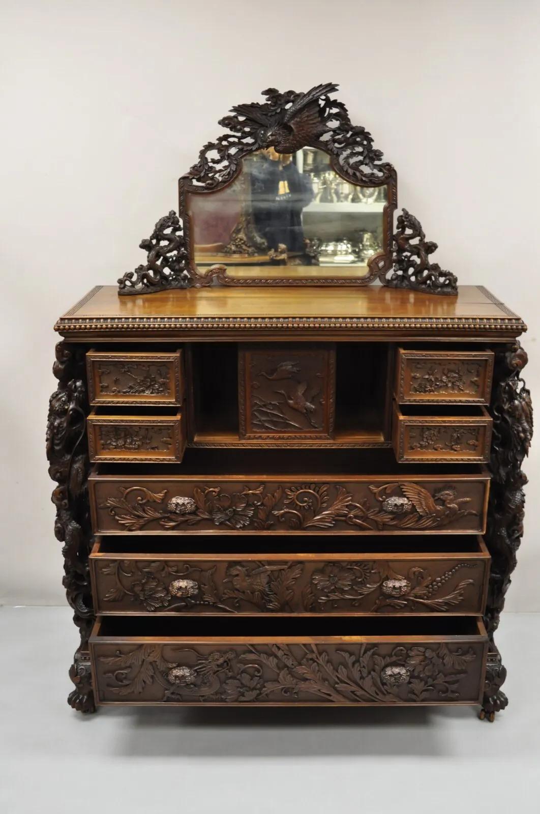 Japanese Art Nouveau Dragon Carved Dresser Cabinet, Chest of Drawers w/ Mirror 5