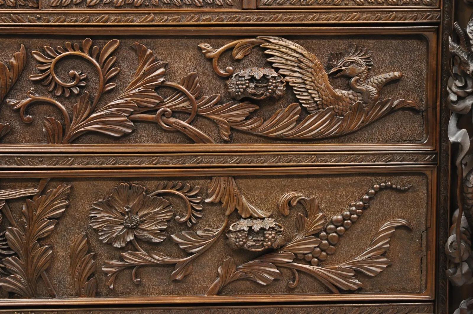 Japanese Art Nouveau Dragon Carved Dresser Cabinet, Chest of Drawers w/ Mirror 6
