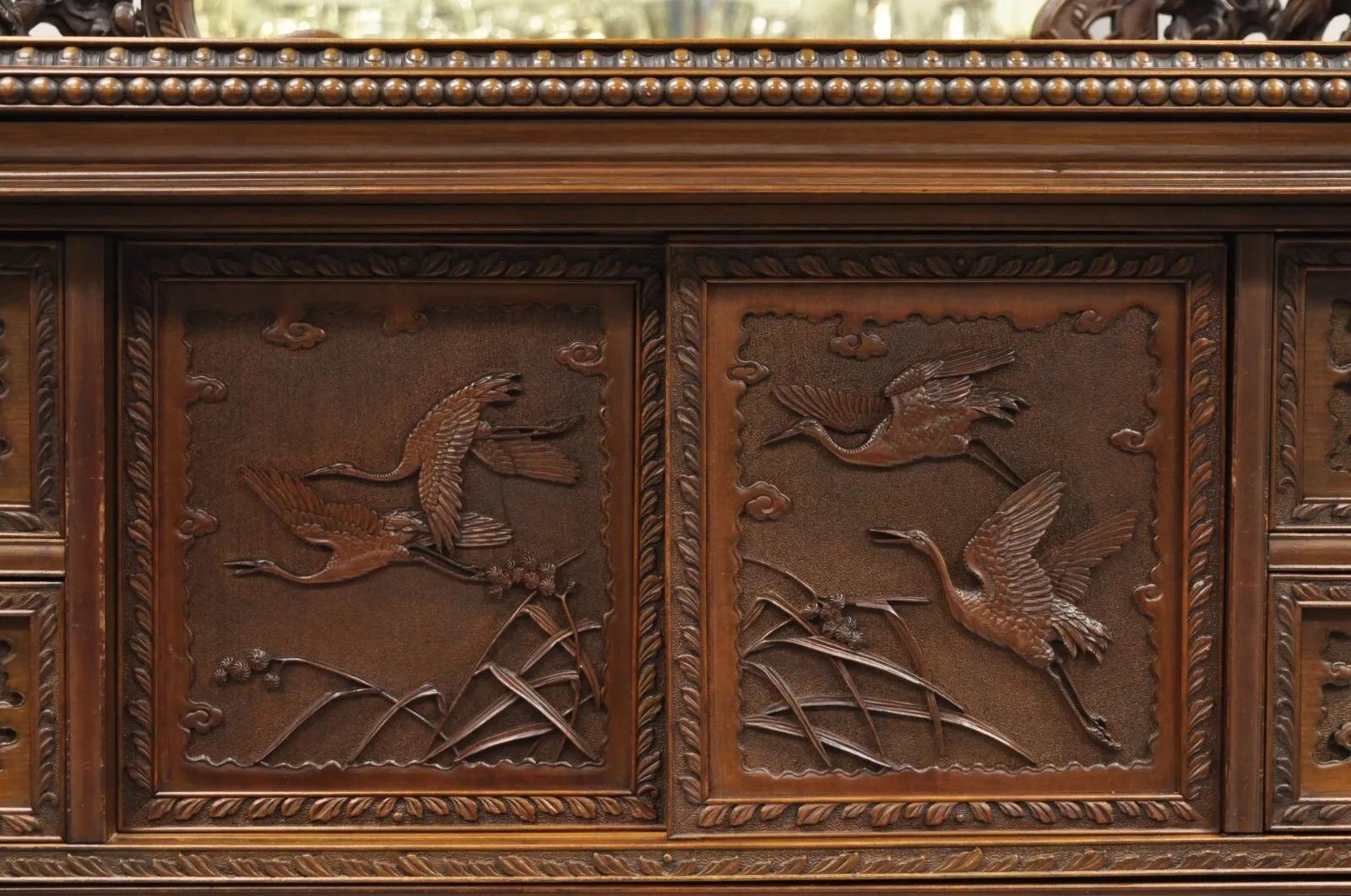 Japanese Art Nouveau Dragon Carved Dresser Cabinet, Chest of Drawers w/ Mirror 9