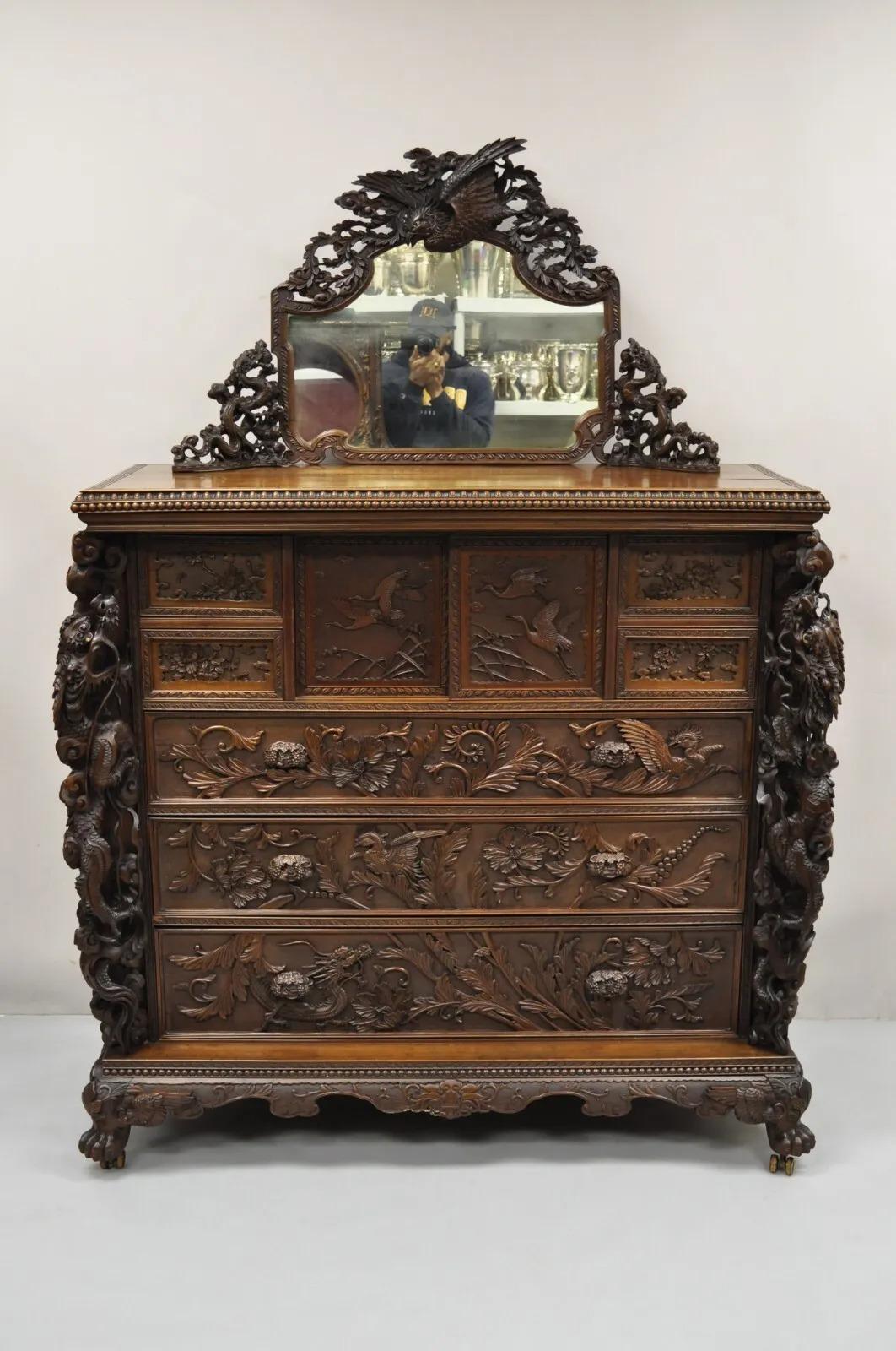 Japanese Art Nouveau Dragon Carved Dresser Cabinet, Chest of Drawers w/ Mirror 11