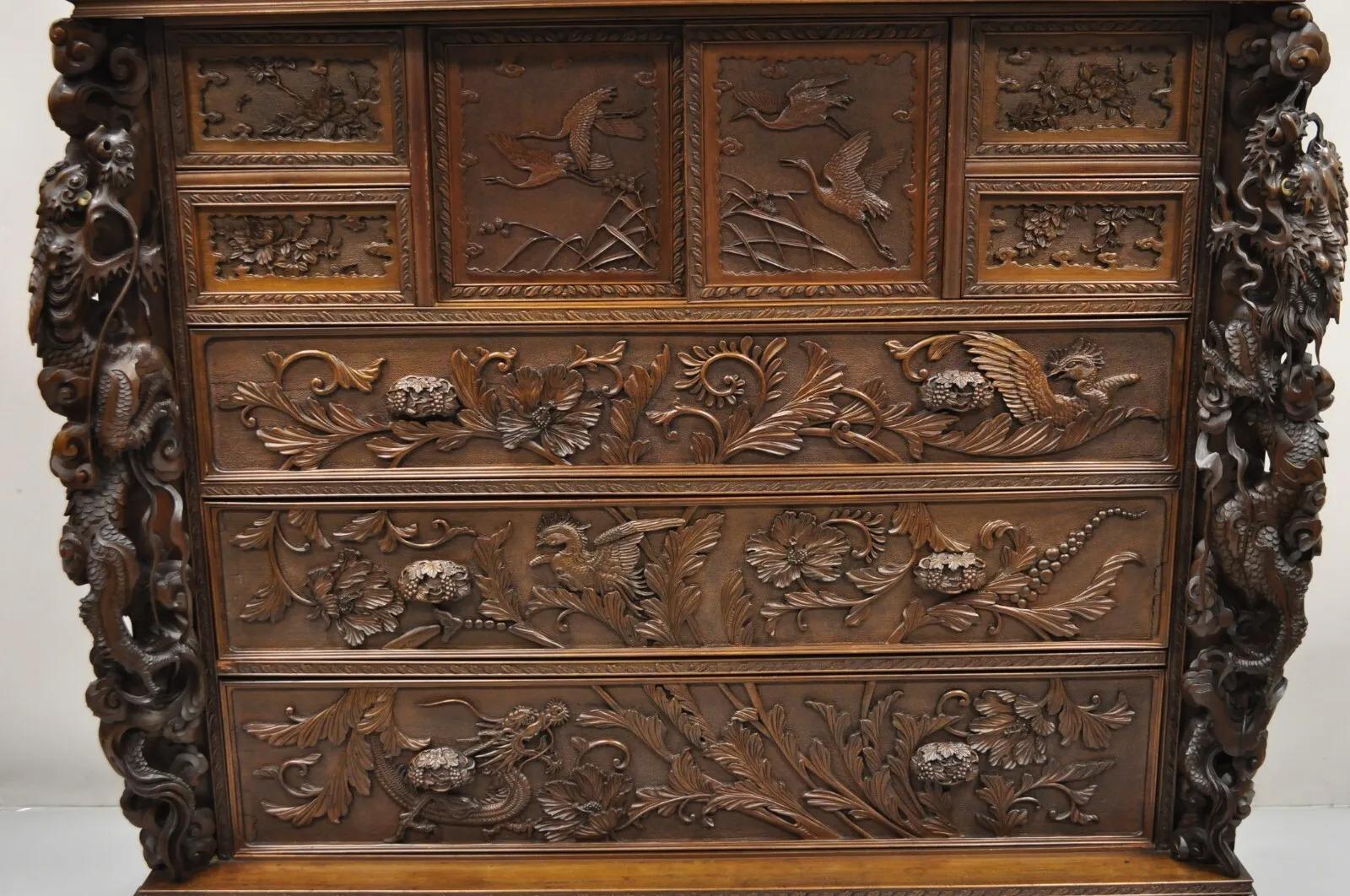 Chinoiserie Japanese Art Nouveau Dragon Carved Dresser Cabinet, Chest of Drawers w/ Mirror