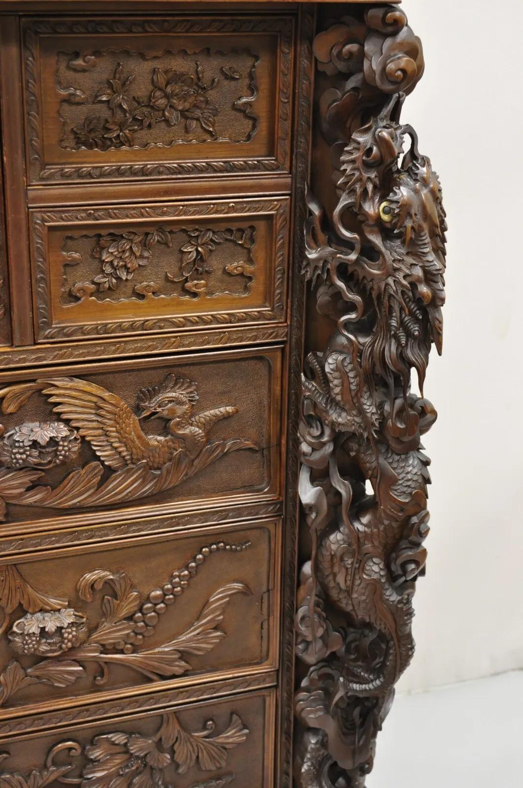 Japanese Art Nouveau Dragon Carved Dresser Cabinet, Chest of Drawers w/ Mirror In Good Condition In Philadelphia, PA