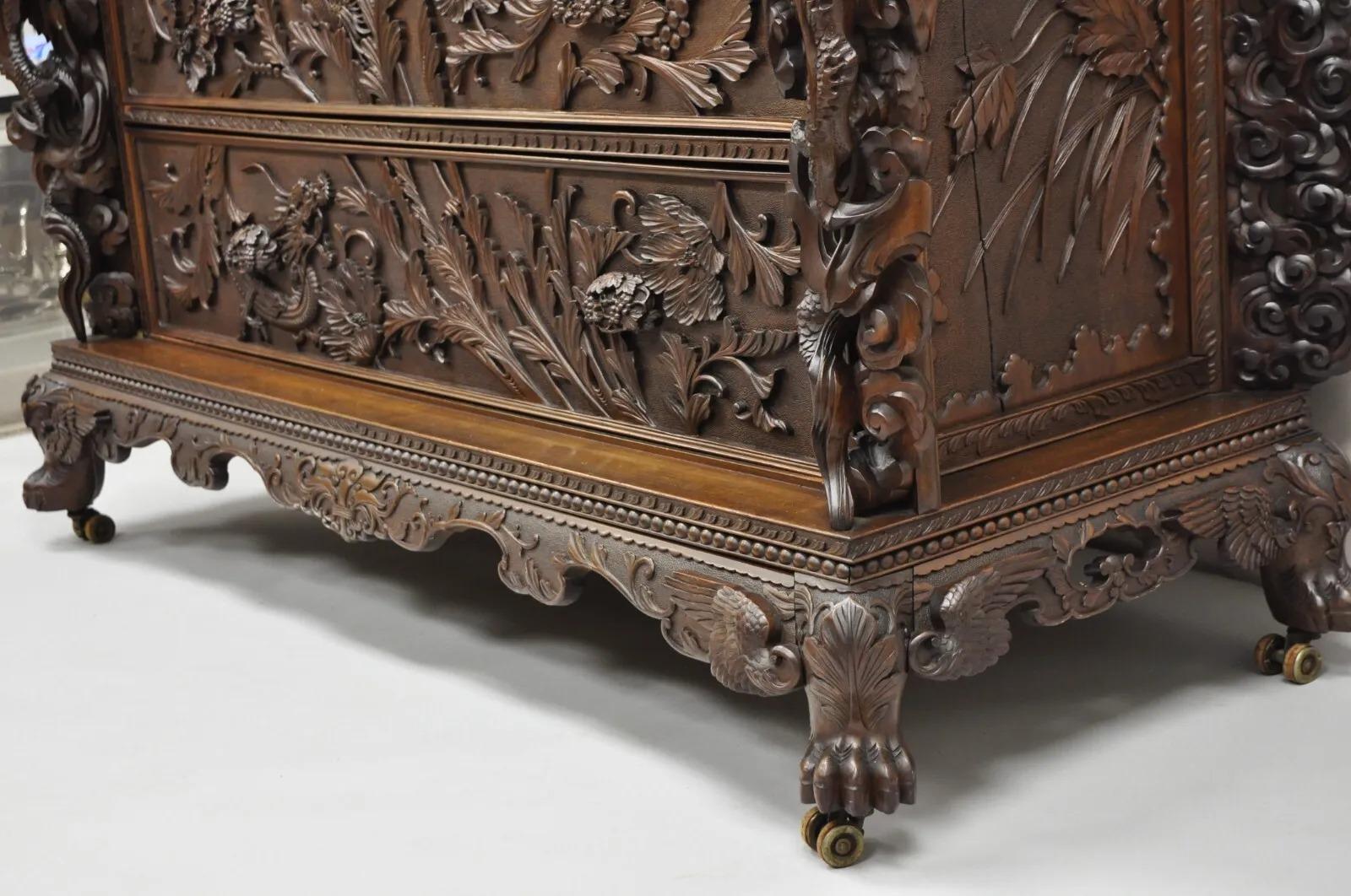 Early 20th Century Japanese Art Nouveau Dragon Carved Dresser Cabinet, Chest of Drawers w/ Mirror
