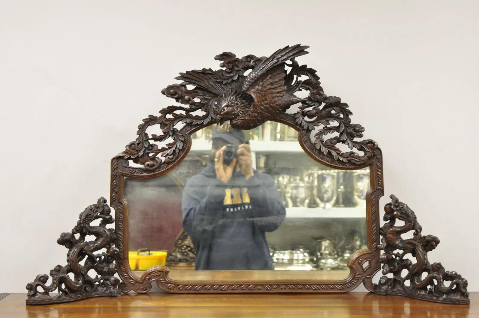 Japanese Art Nouveau Dragon Carved Dresser Cabinet, Chest of Drawers w/ Mirror 1