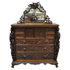 Antique Japanese Art Nouveau Dragon Carved Dresser Cabinet, Chest of Drawers w/ Mirror