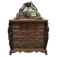 Japanese Art Nouveau Dragon Carved Dresser Cabinet, Chest of Drawers w/ Mirror