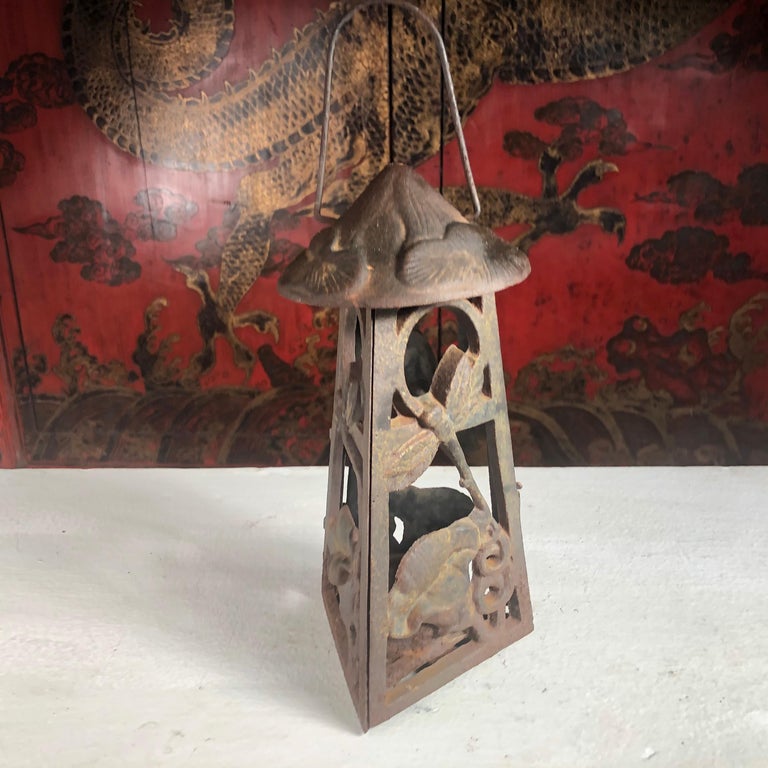 Japanese Art Nouveau "Dragonfly and Orchid" Garden Flower Lantern, Rare
