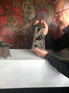 Japanese Art Nouveau "Dragonfly & Orchid" Garden Flower Lantern, Rare Find