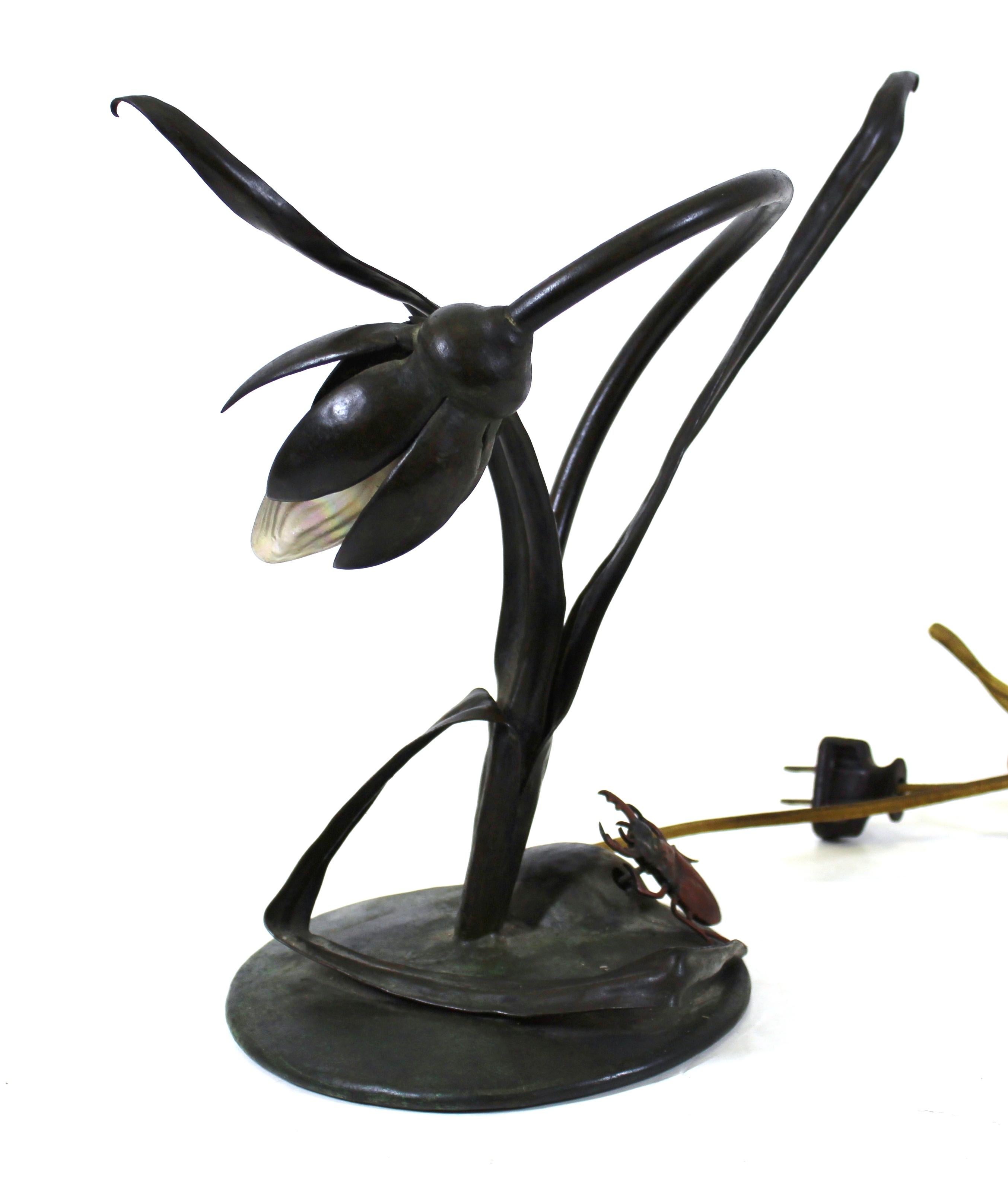Early 20th Century Japanese Art Nouveau Floral Table Lamp with Beetle Light Switch