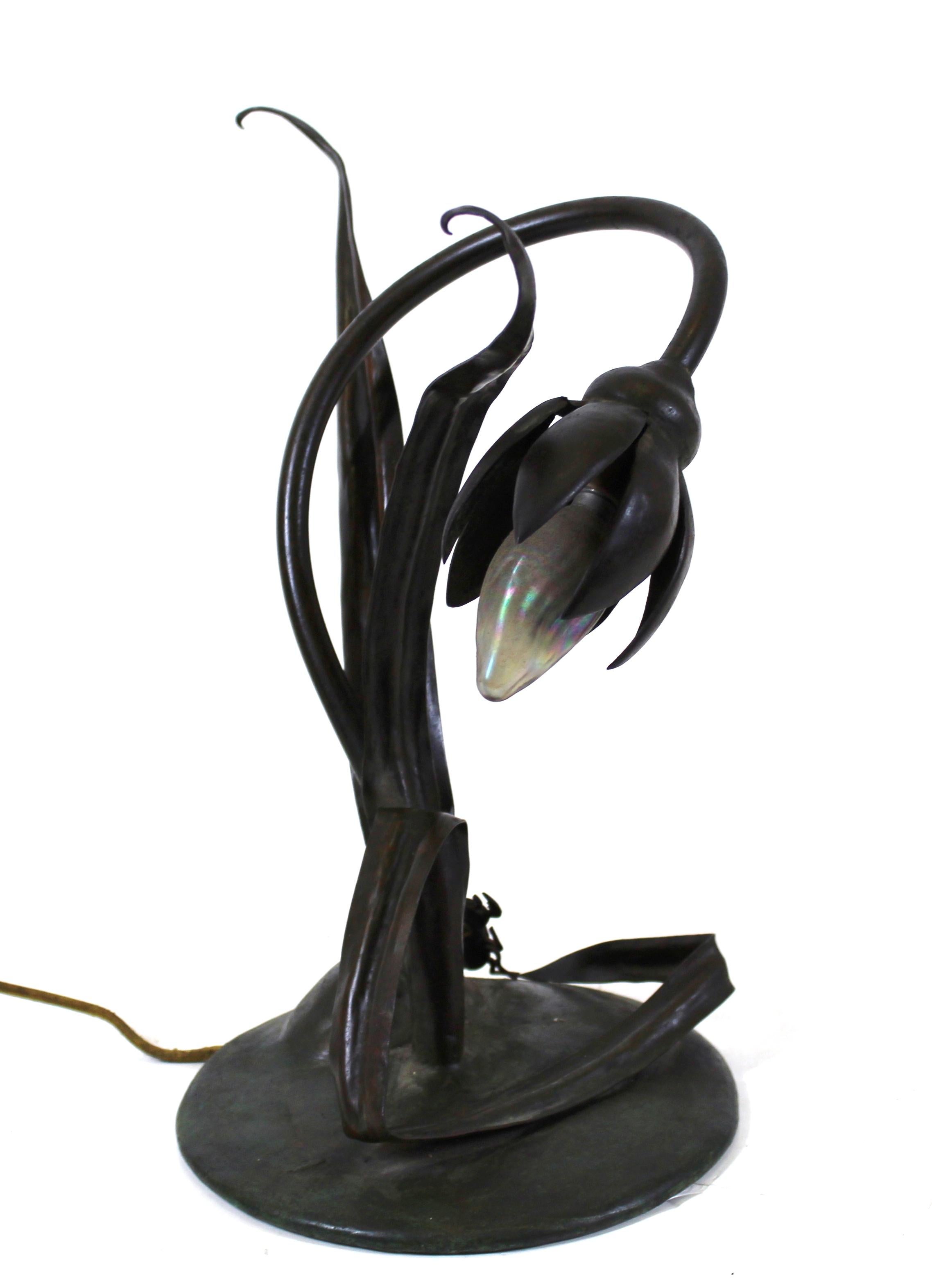 Metal Japanese Art Nouveau Floral Table Lamp with Beetle Light Switch