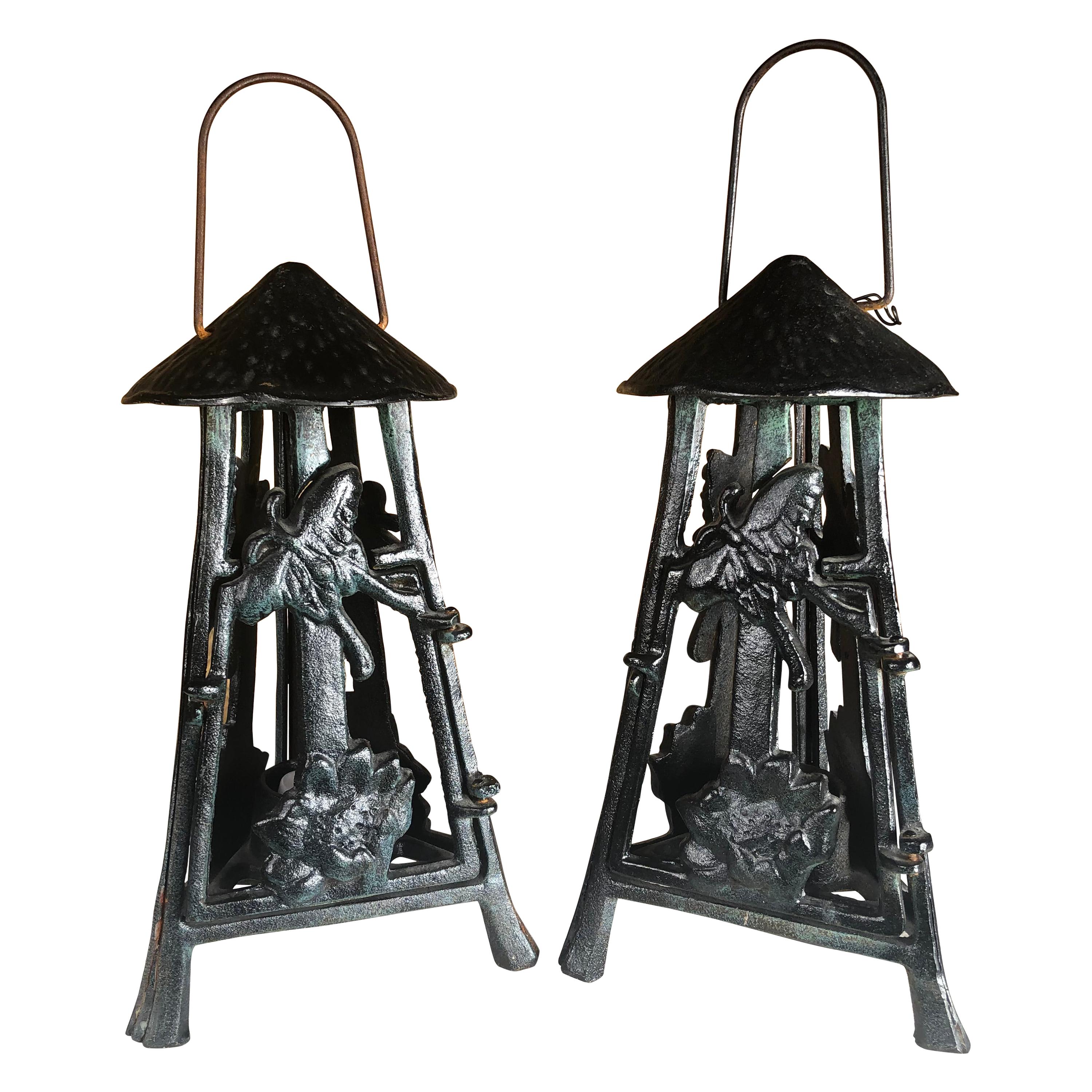 Japanese Art Nouveau Pair "Butterfly & Orchid" Garden Flower Lanterns