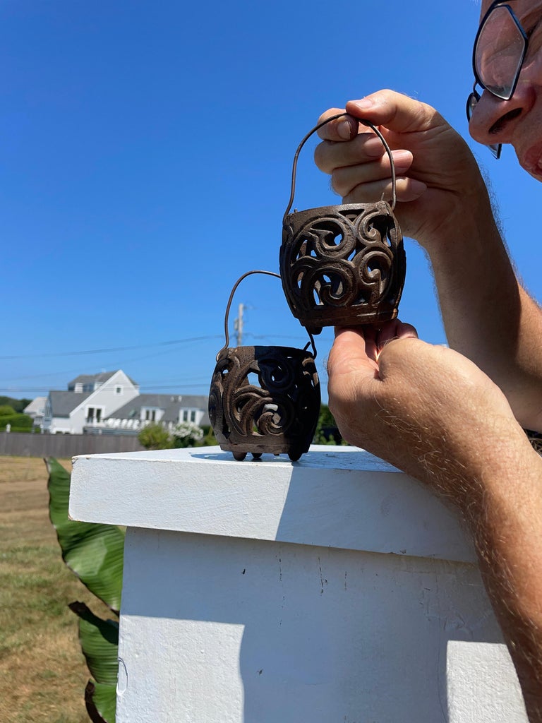 Japanese Art Nouveau Pair Ornamental Basket Tea Light Lanterns For Sale