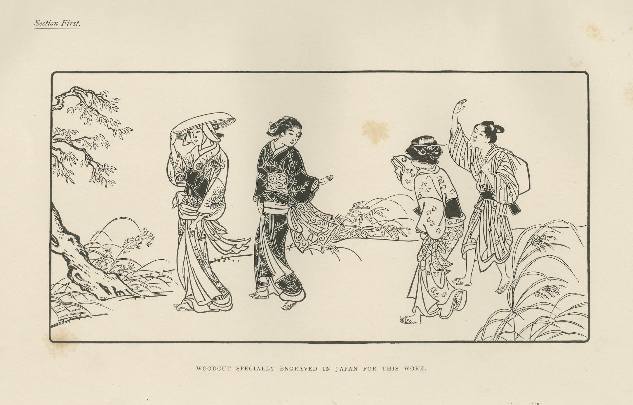 Japanese Art Print Compilation: Five Captivating Woodcuts and Engravings, c.1882 In Fair Condition For Sale In Langweer, NL