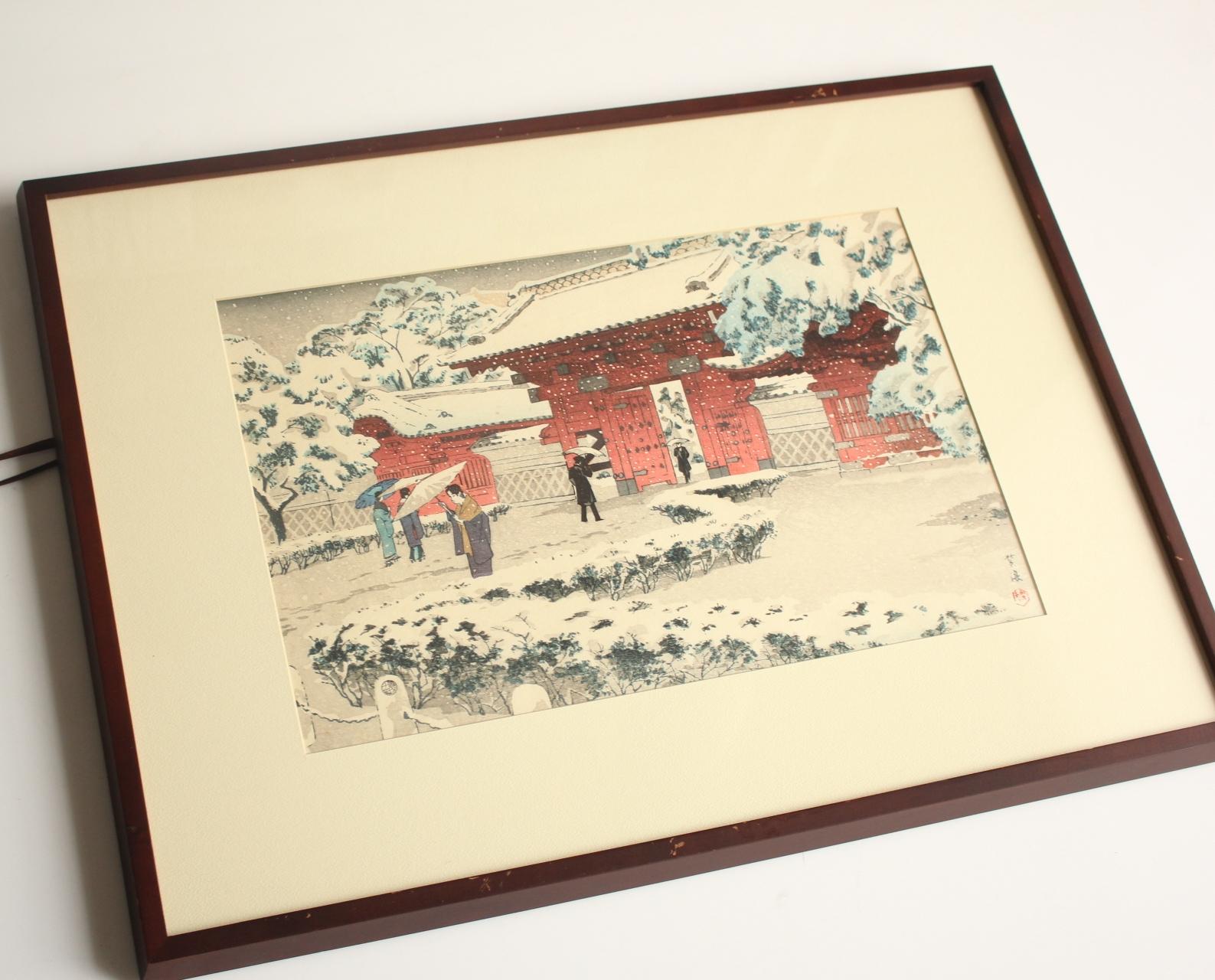 Arte japonés Shiro Kasamatsu Grabado xilográfico [Nieve en Hongo Akamon]. en venta 3