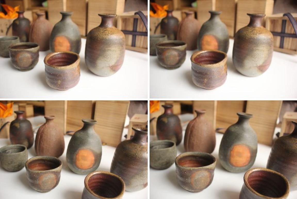 F13 Japanische Künstler Design Bizen ware 4 Sake Flaschen & 6 Sake Tassen im Angebot 4