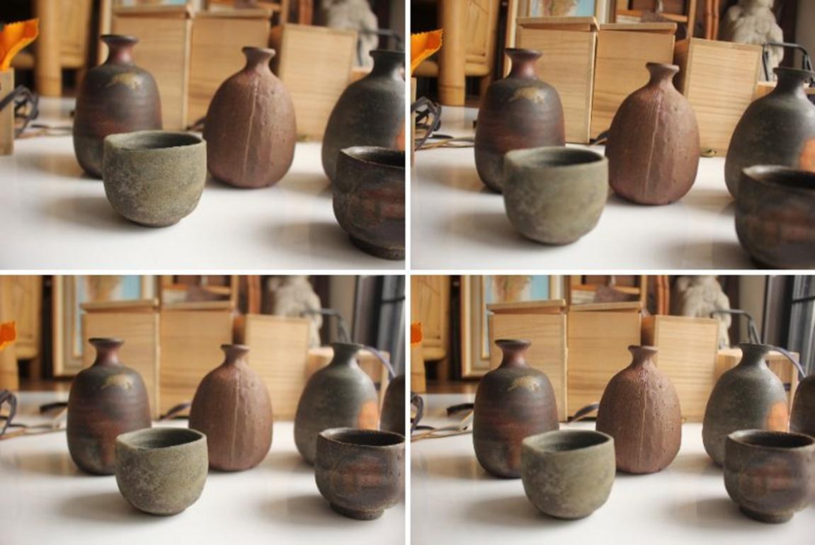 F13 Japanische Künstler Design Bizen ware 4 Sake Flaschen & 6 Sake Tassen im Angebot 5