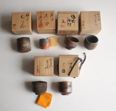 F13 Japanese Artist Design Bizen ware 4 Sake bottles & 6 Sake cups