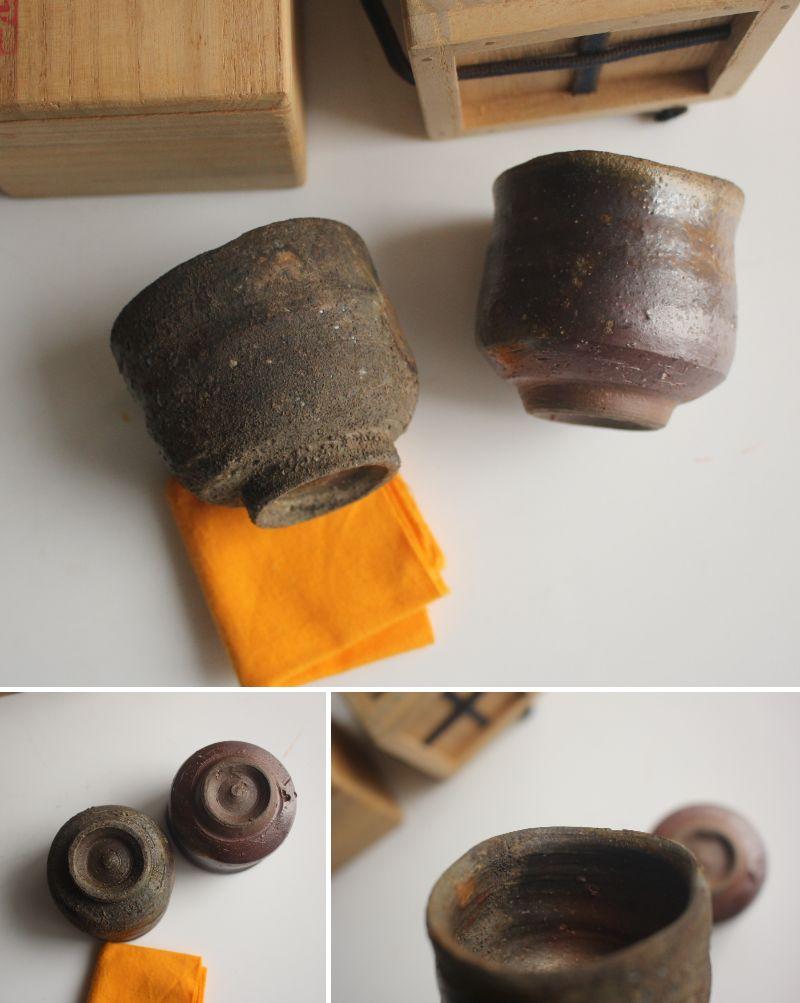 F13 Japanische Künstler Design Bizen ware 4 Sake Flaschen & 6 Sake Tassen (Töpferwaren) im Angebot