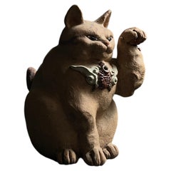 Japanese Artist Maneki Neko Pottery Sculpture / Cat Figurine Wabisabi Folk Art