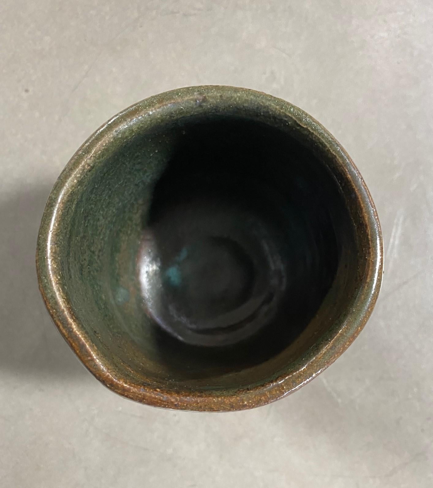 Japanese Asian Artisan Glazed Pottery Mingei Folk Art Wabi-Sabi Yunomi Teacup For Sale 3