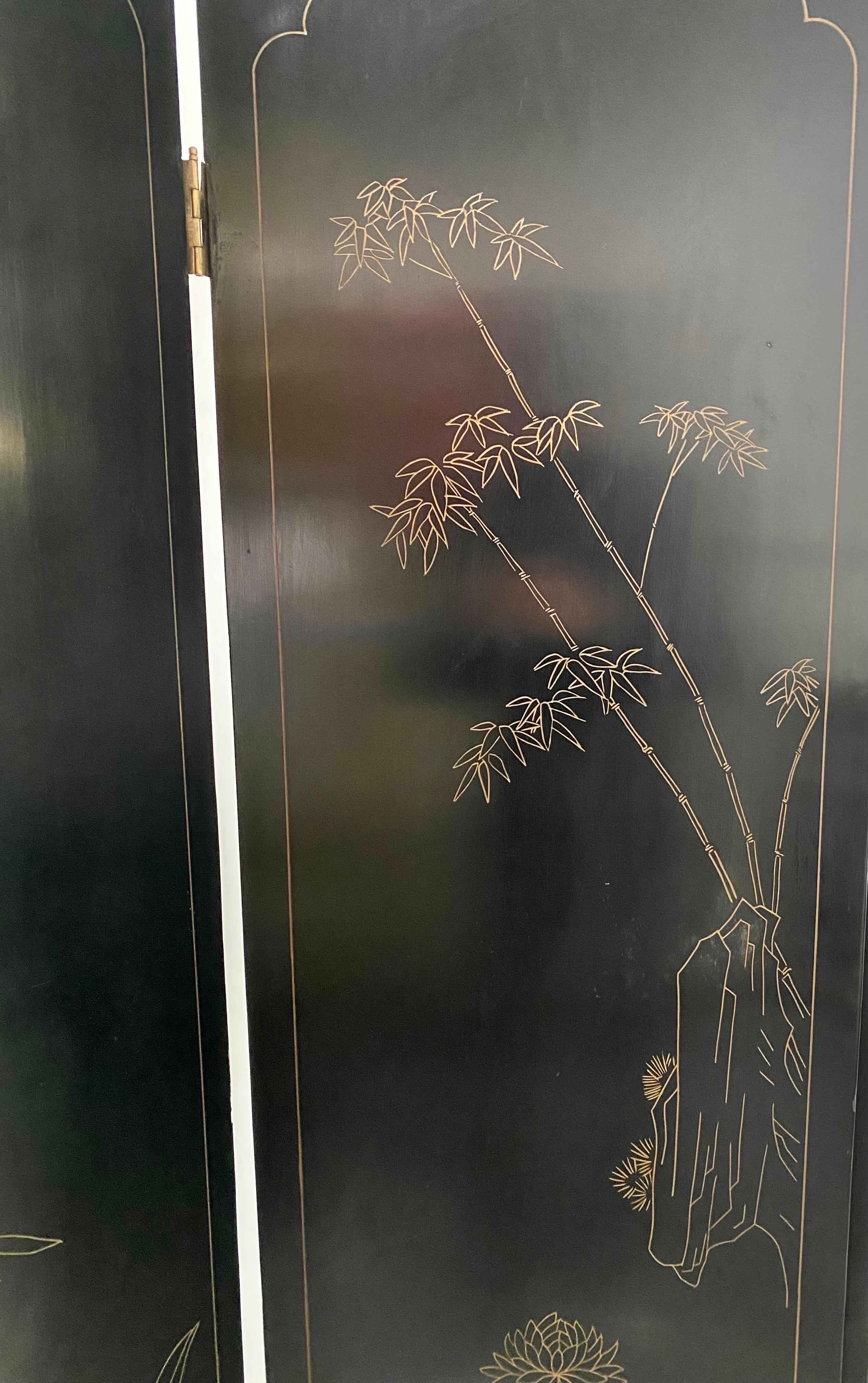 Japanese Asian Black Lacquered 4 Panel Room Divider or Screen with Women Design 6