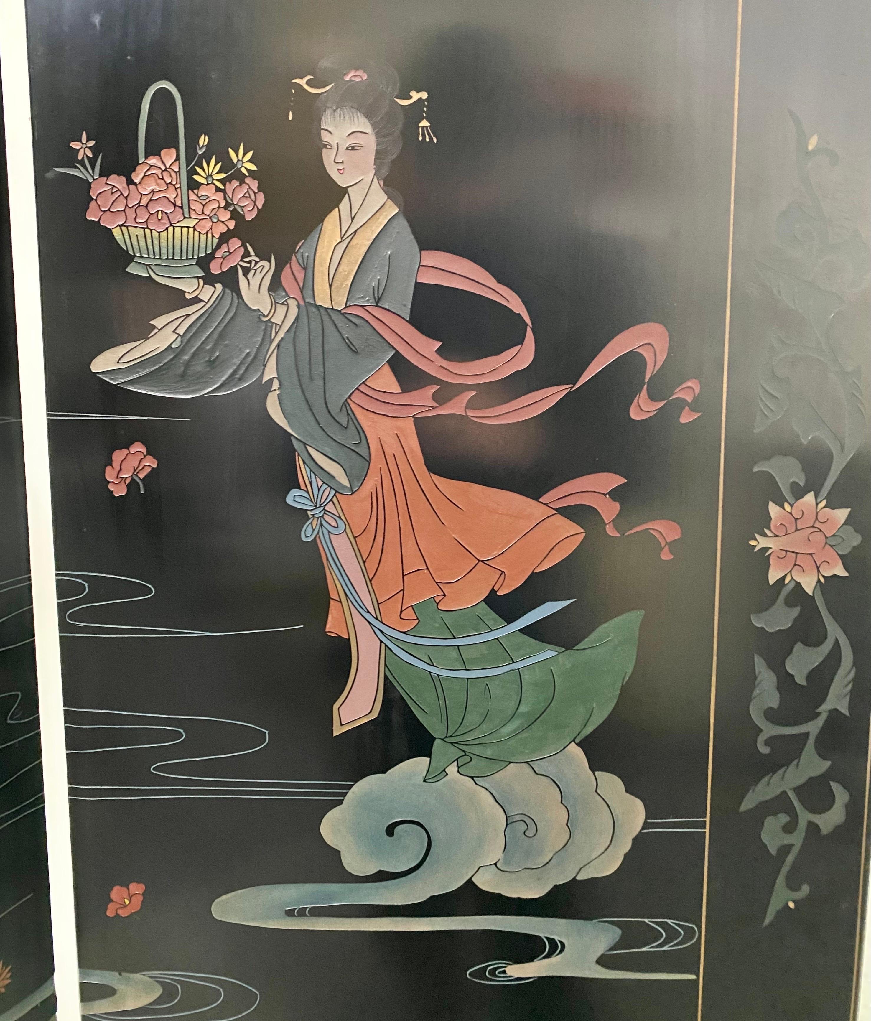 Japanese Asian Black Lacquered 4 Panel Room Divider or Screen with Women Design In Good Condition In Plainview, NY