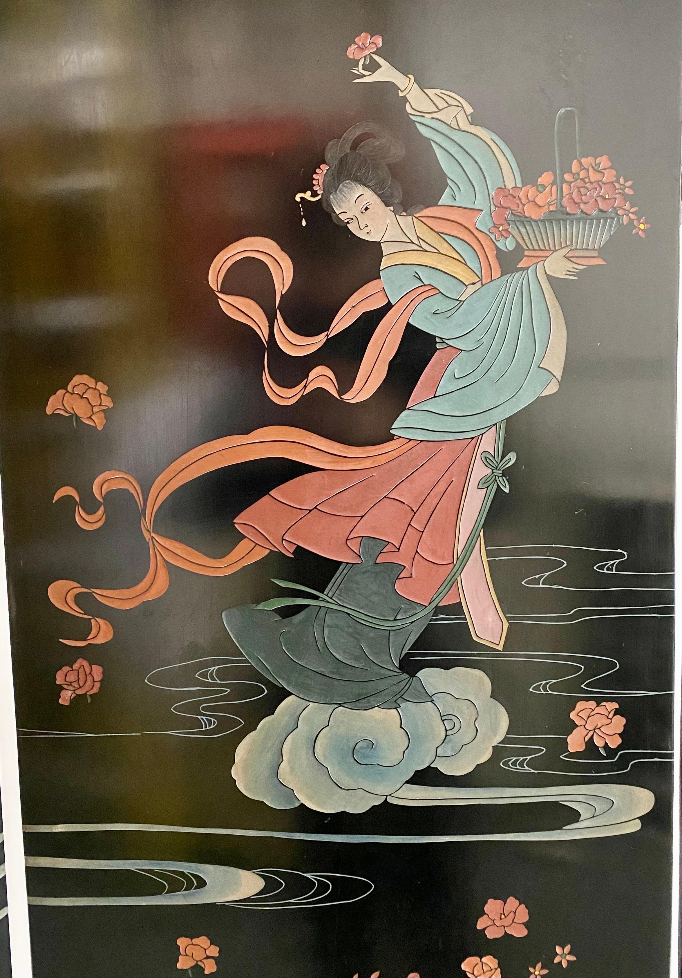 Japanese Asian Black Lacquered 4 Panel Room Divider or Screen with Women Design 1