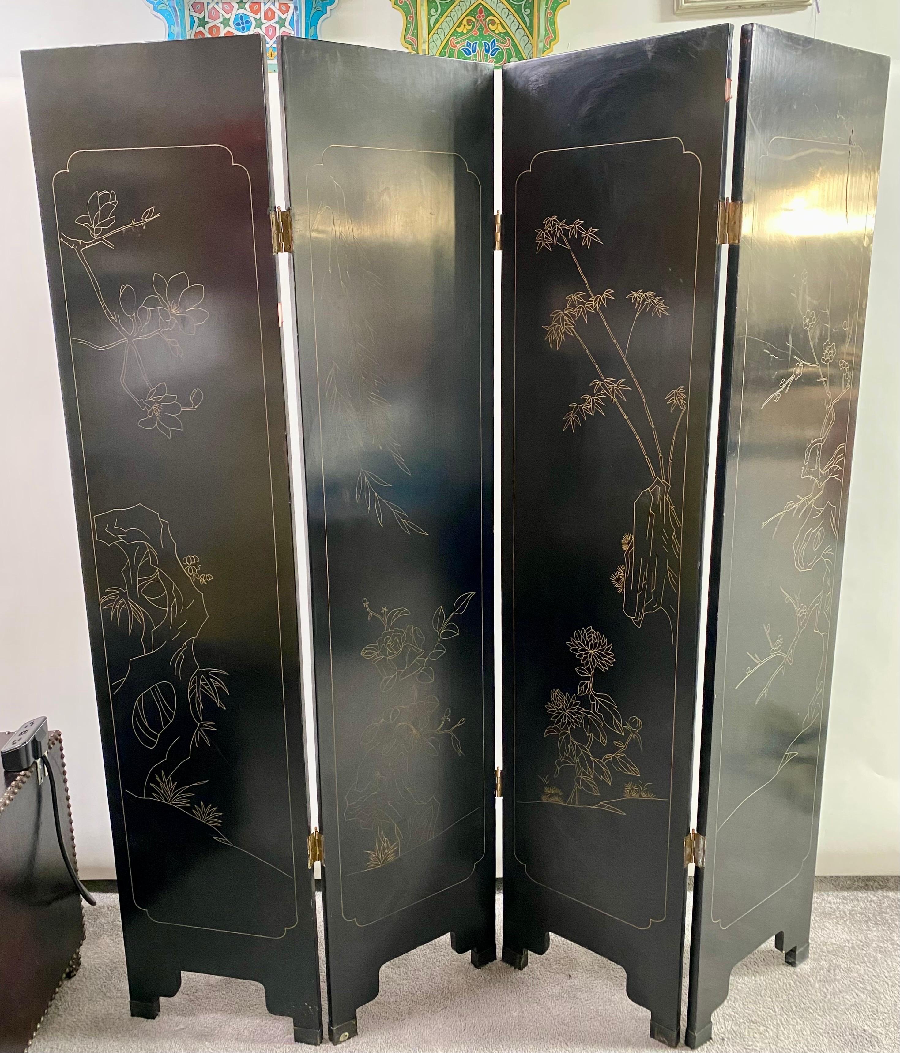 Japanese Asian Black Lacquered 4 Panel Room Divider or Screen with Women Design 2