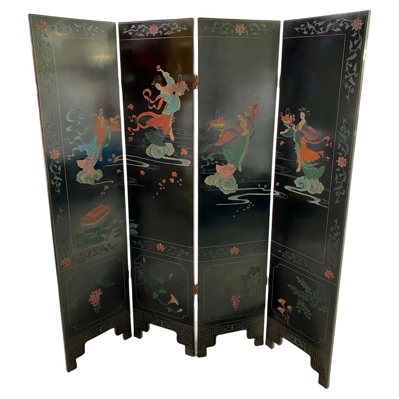 Japanese Asian Black Lacquered 4 Panel Room Divider or Screen with ...