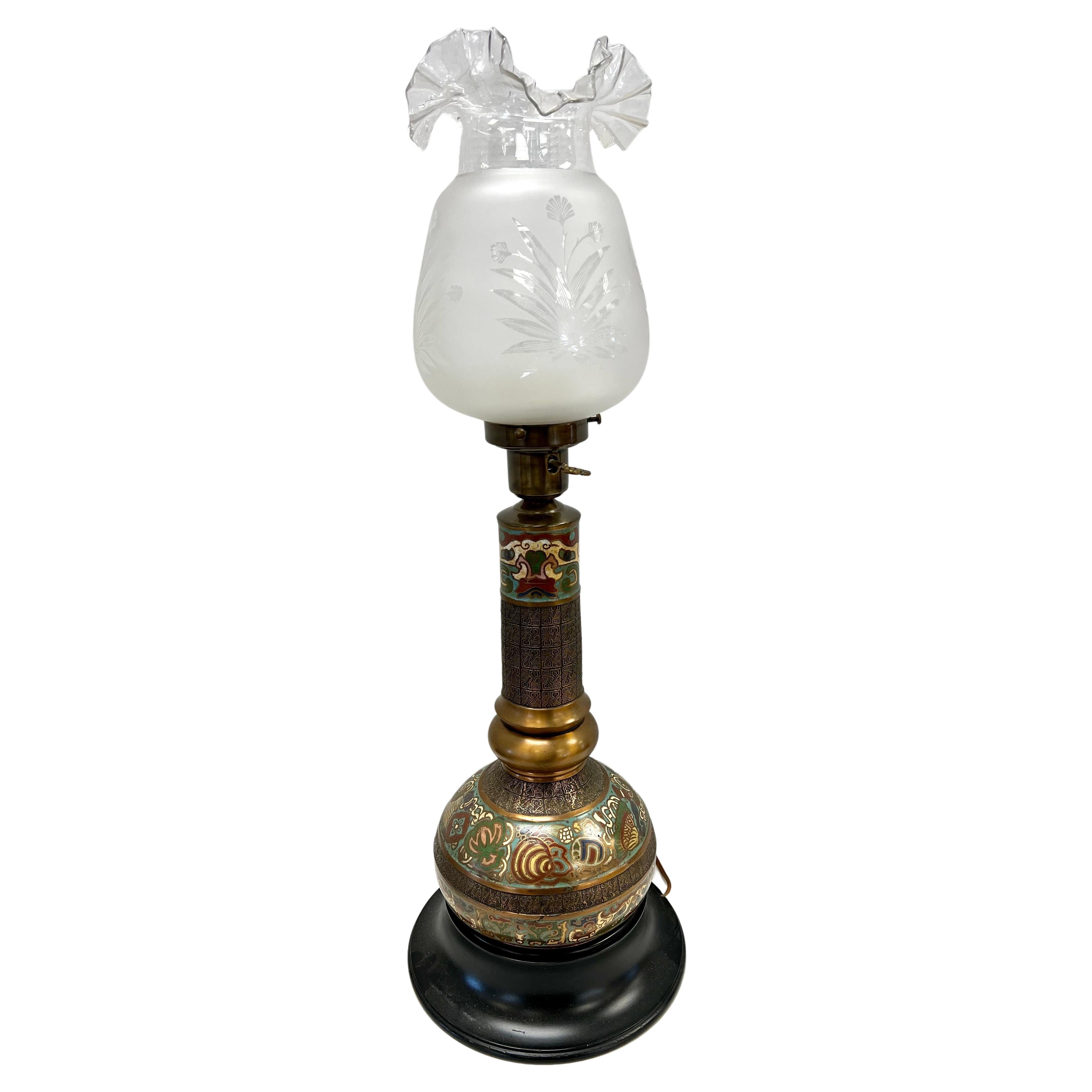 Japanese Asian Brass Champleve Cloissone Table Lamp For Sale