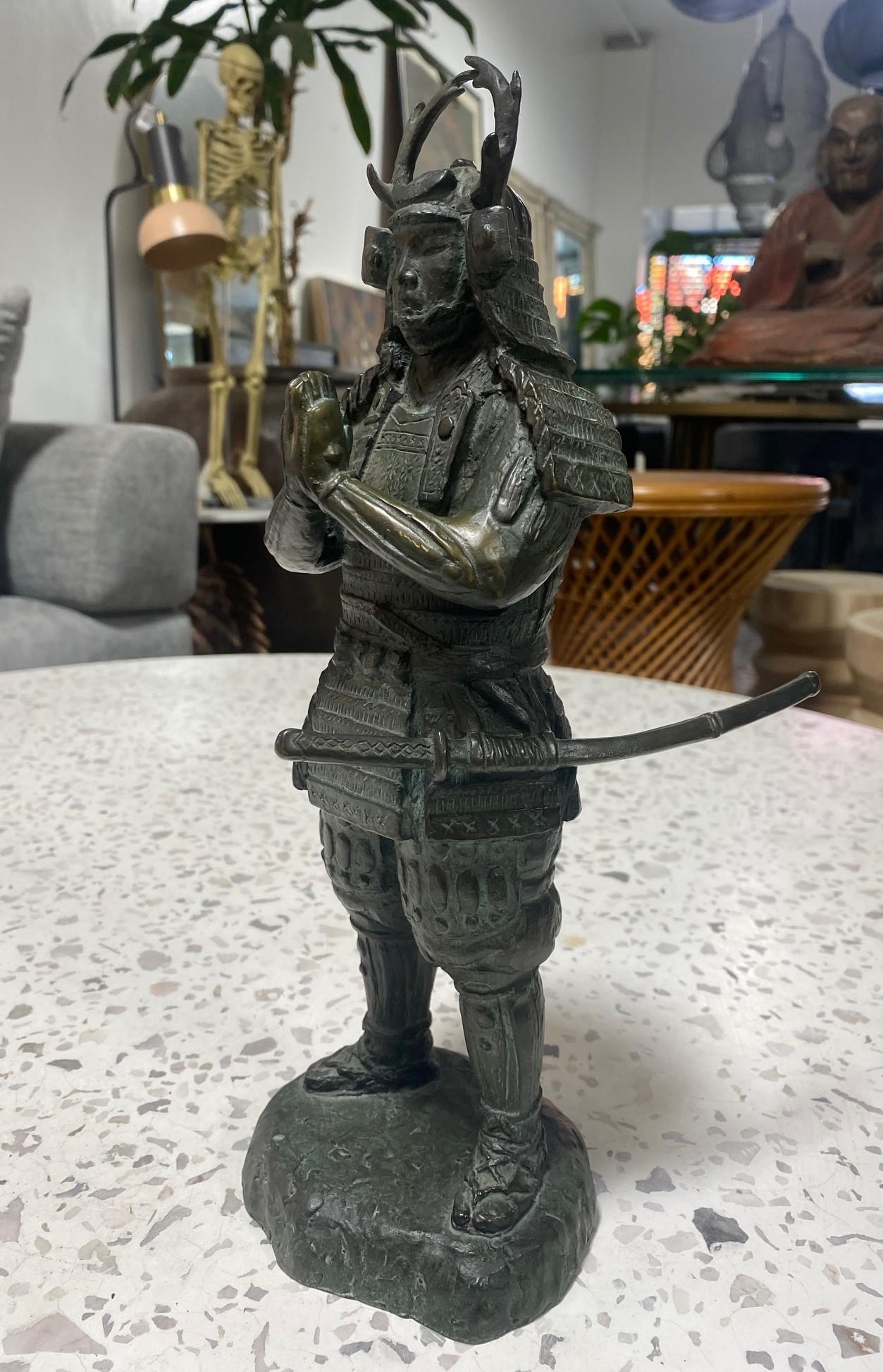 20th Century Japanese Asian Bronze Showa Meiji Samurai Warrior Sculpture Statue with Armor  For Sale
