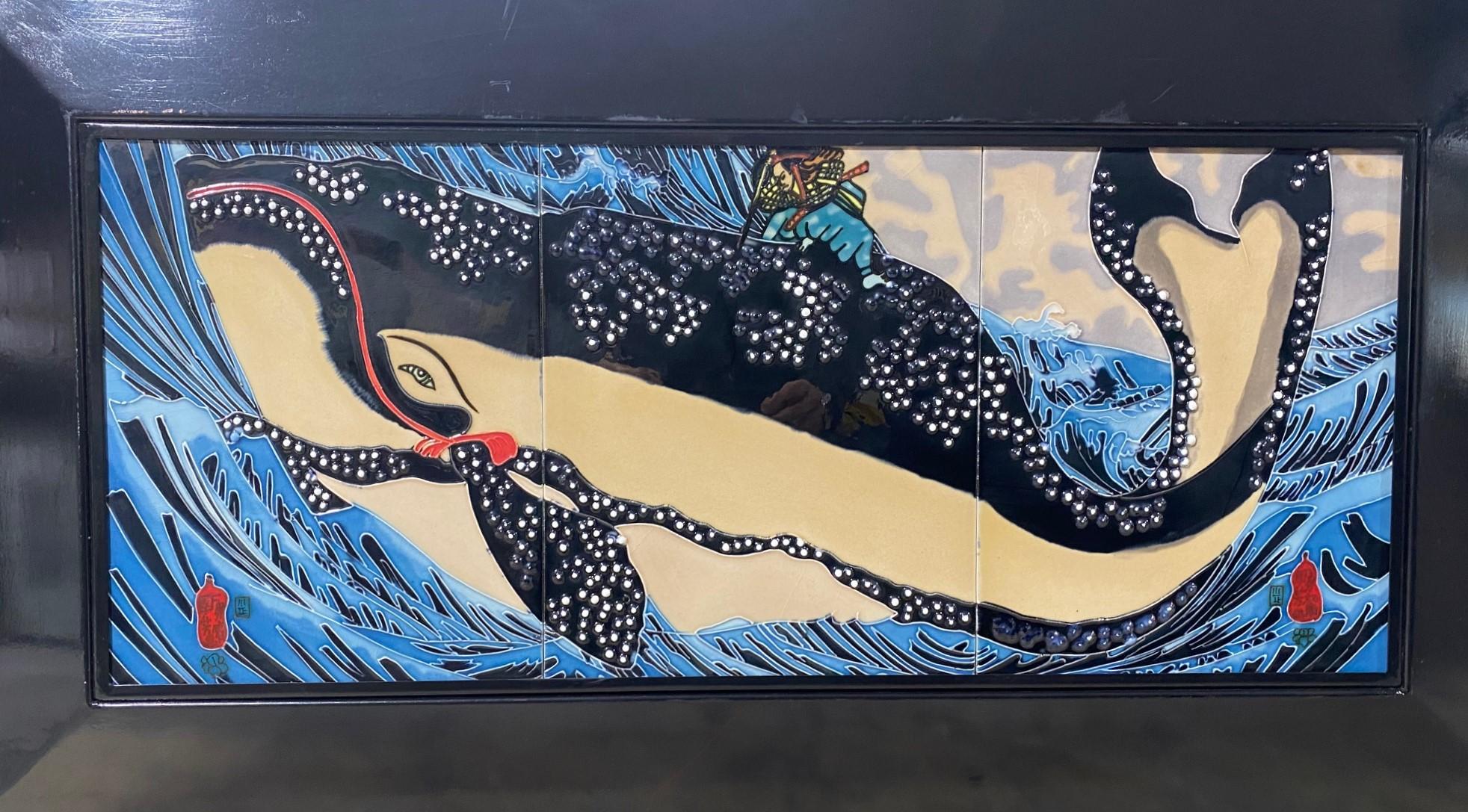 Showa Japanese Asian Ceramic Wall Plaque Painting Utagawa Kuniyoshi Subduing Whale  For Sale