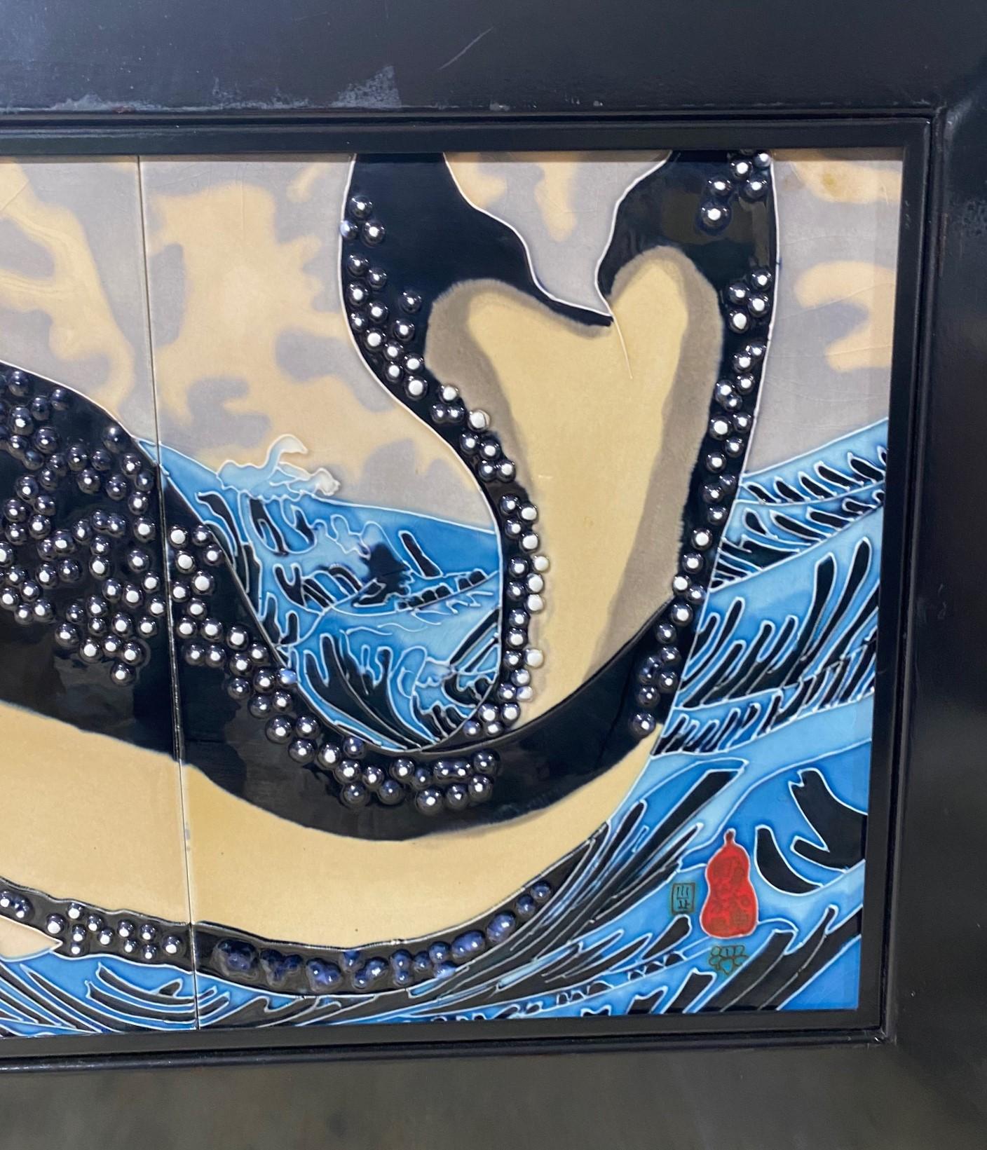Glazed Japanese Asian Ceramic Wall Plaque Painting Utagawa Kuniyoshi Subduing Whale  For Sale